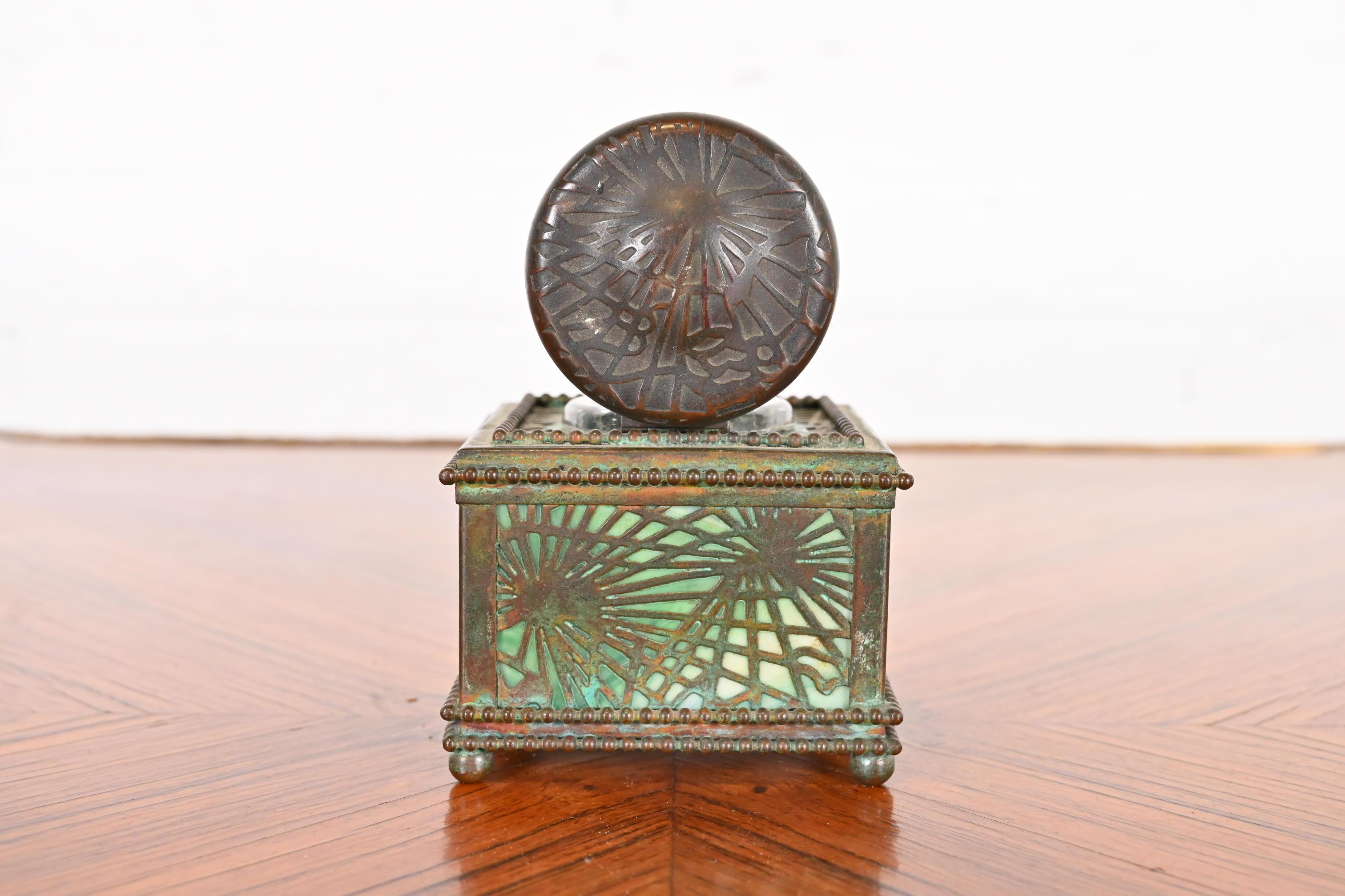 Tiffany Studios New York Pine Needle Bronze and Slag Glass Inkwell, circa 1910 5