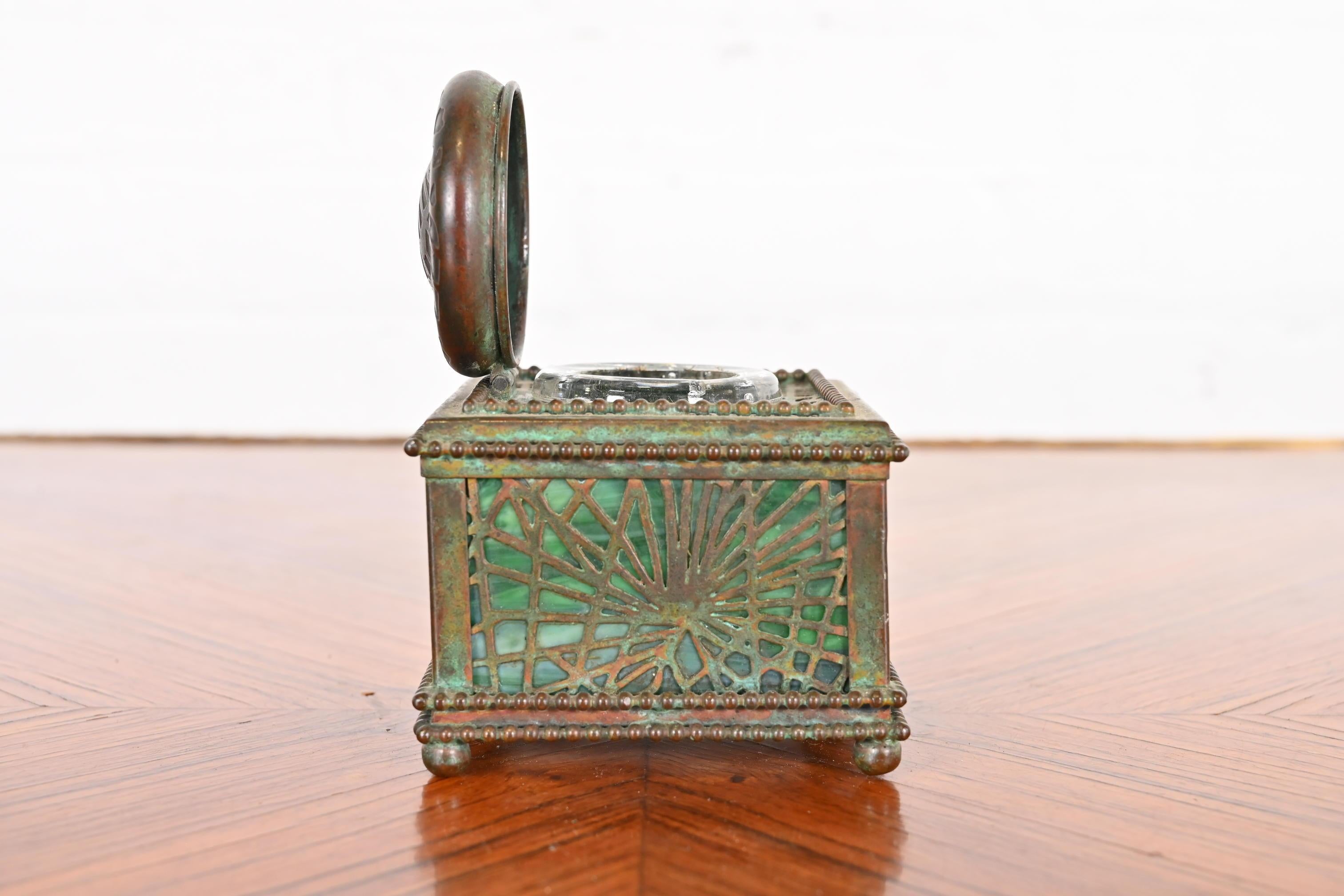 Tiffany Studios New York Pine Needle Bronze and Slag Glass Inkwell, circa 1910 7