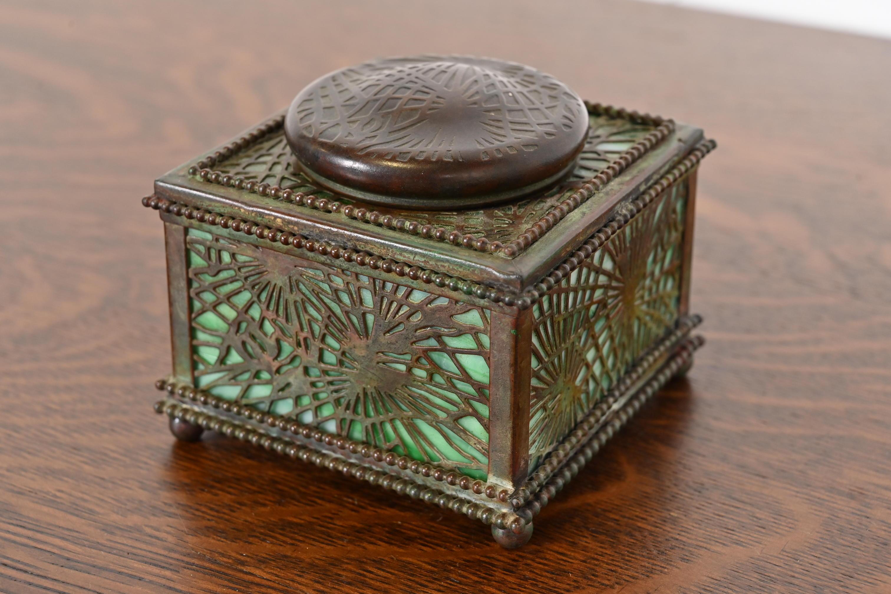 A gorgeous Arts & Crafts or Art Deco period gilt bronze and slag glass 