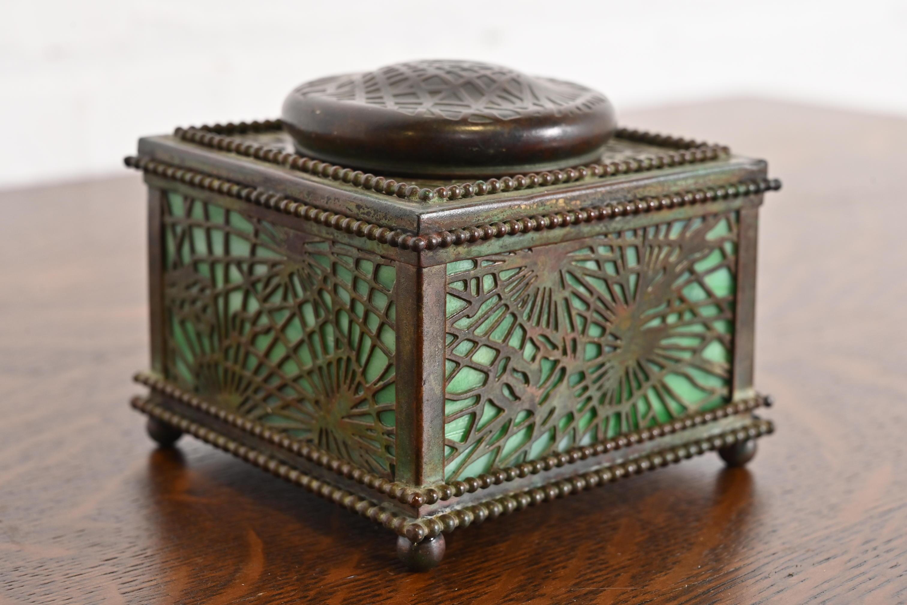 Arts and Crafts Tiffany Studios New York Pine Needle Bronze and Slag Glass Inkwell, Circa 1910