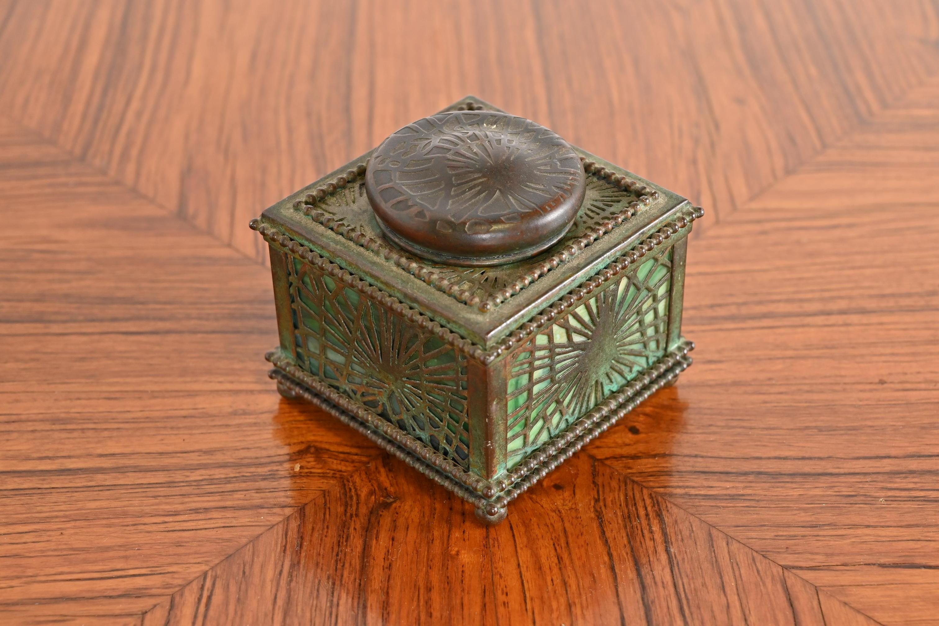 Art Nouveau Tiffany Studios New York Pine Needle Bronze and Slag Glass Inkwell, circa 1910