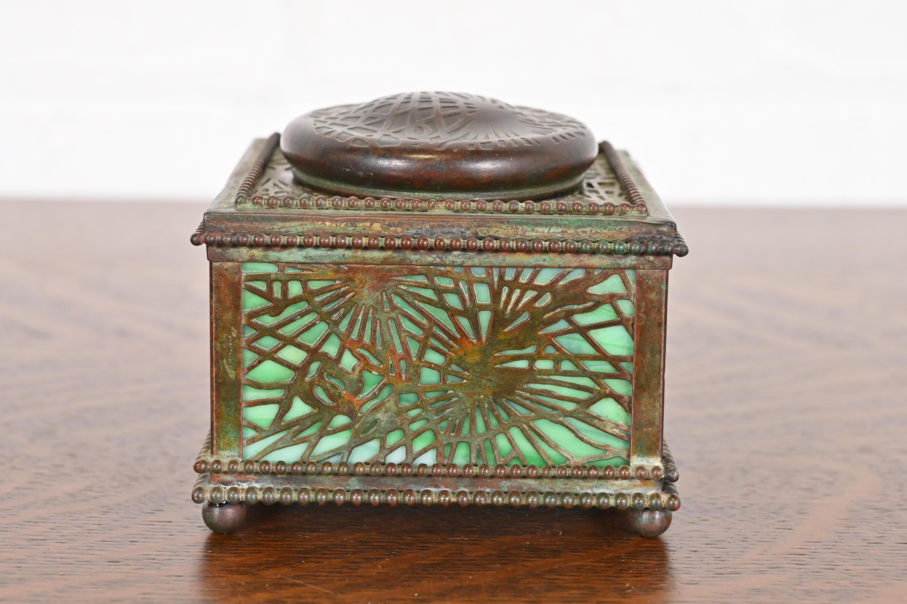 American Tiffany Studios New York Pine Needle Bronze and Slag Glass Inkwell, Circa 1910