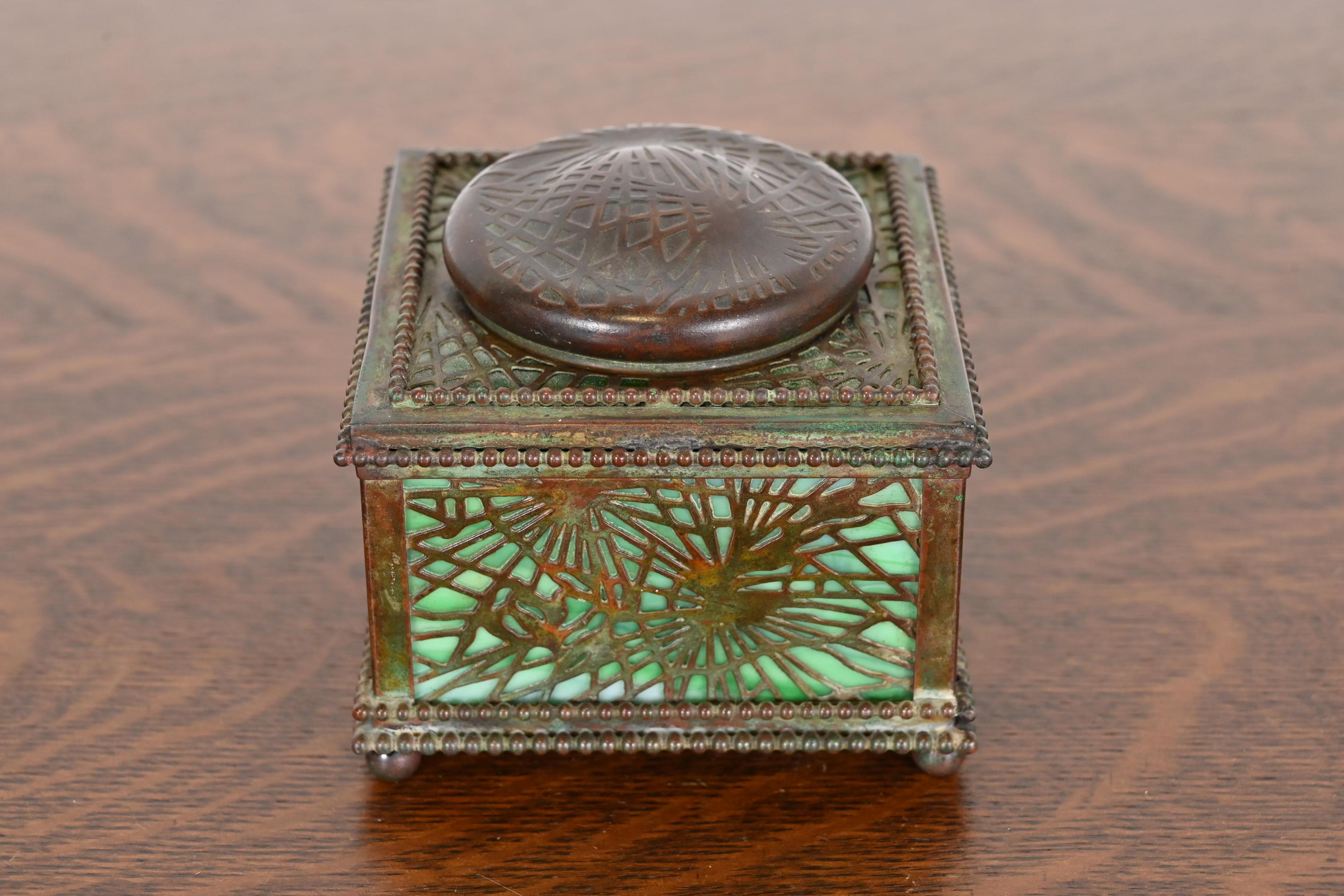 Tiffany Studios New York Pine Needle Bronze and Slag Glass Inkwell, Circa 1910 In Good Condition In South Bend, IN