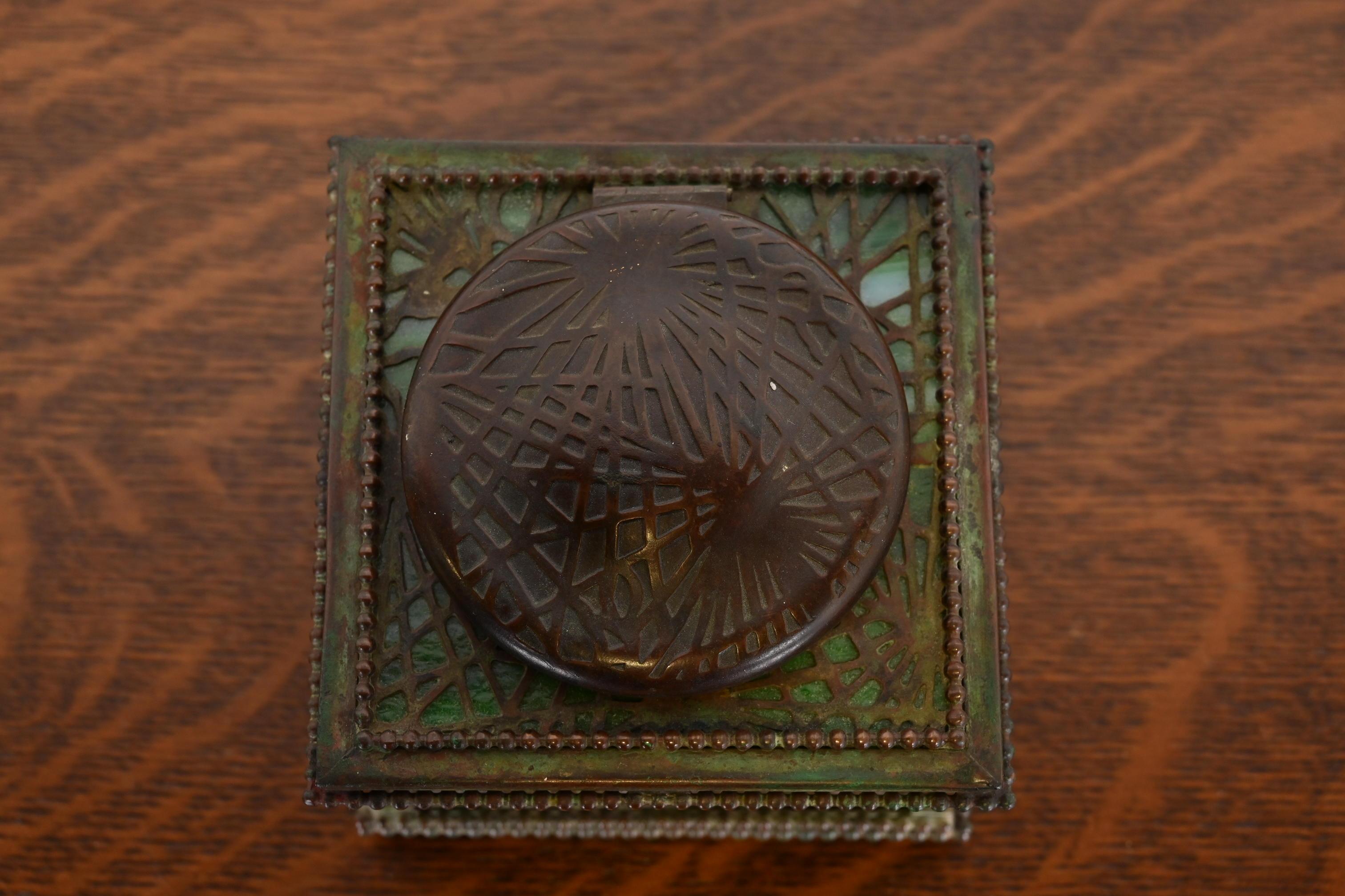 20th Century Tiffany Studios New York Pine Needle Bronze and Slag Glass Inkwell, Circa 1910