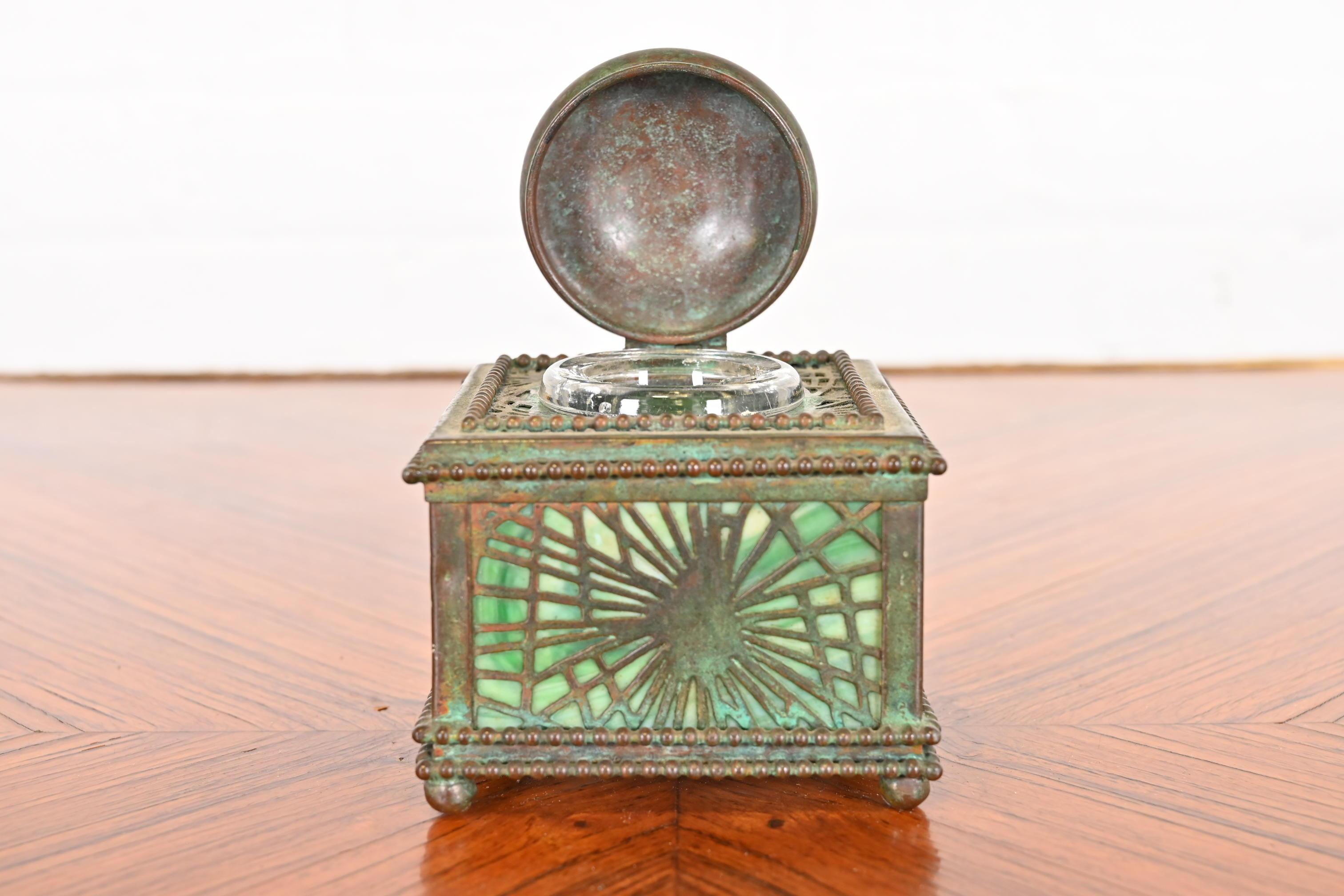 20th Century Tiffany Studios New York Pine Needle Bronze and Slag Glass Inkwell, circa 1910