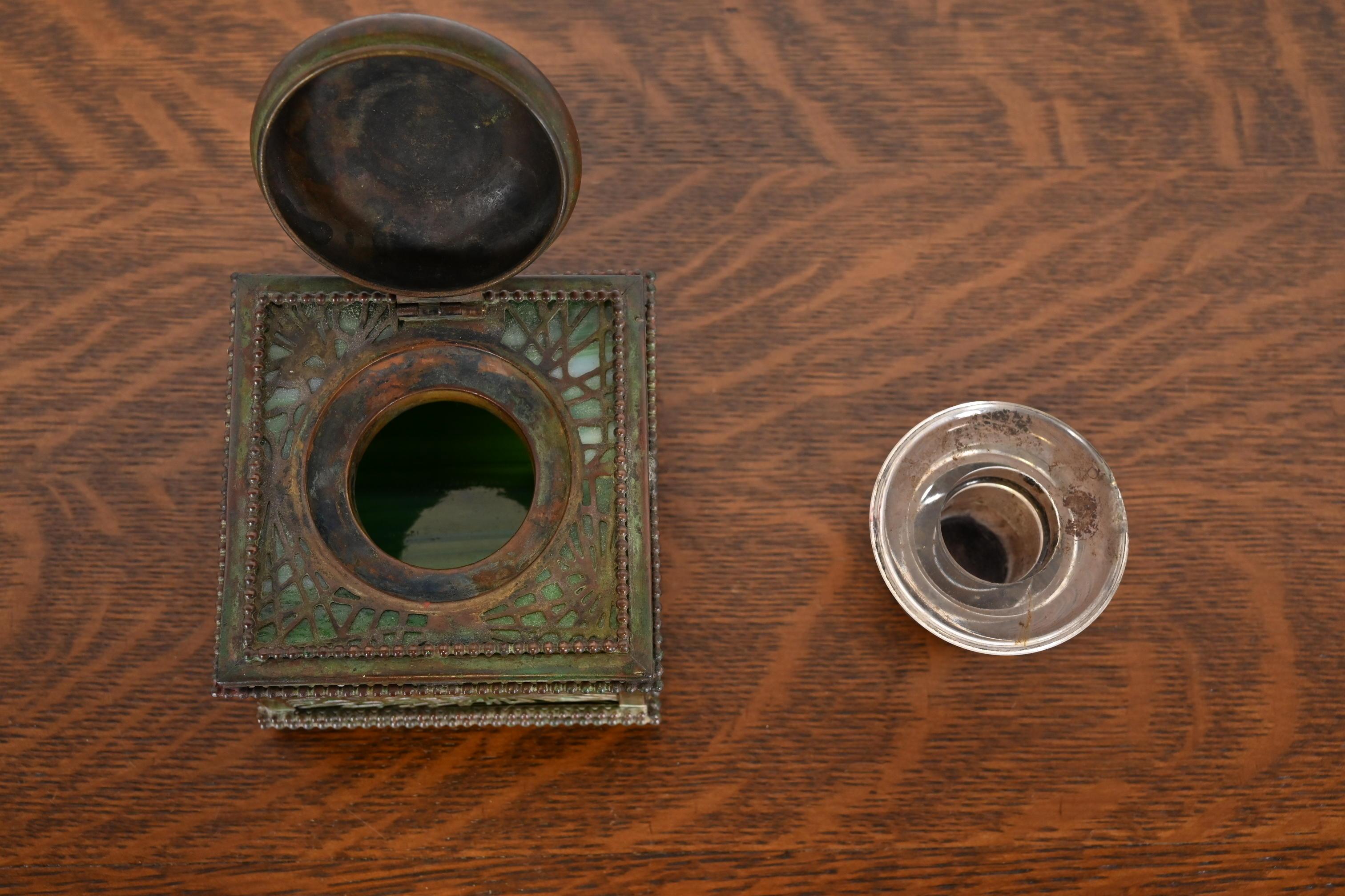 Tiffany Studios New York Pine Needle Bronze and Slag Glass Inkwell, Circa 1910 2