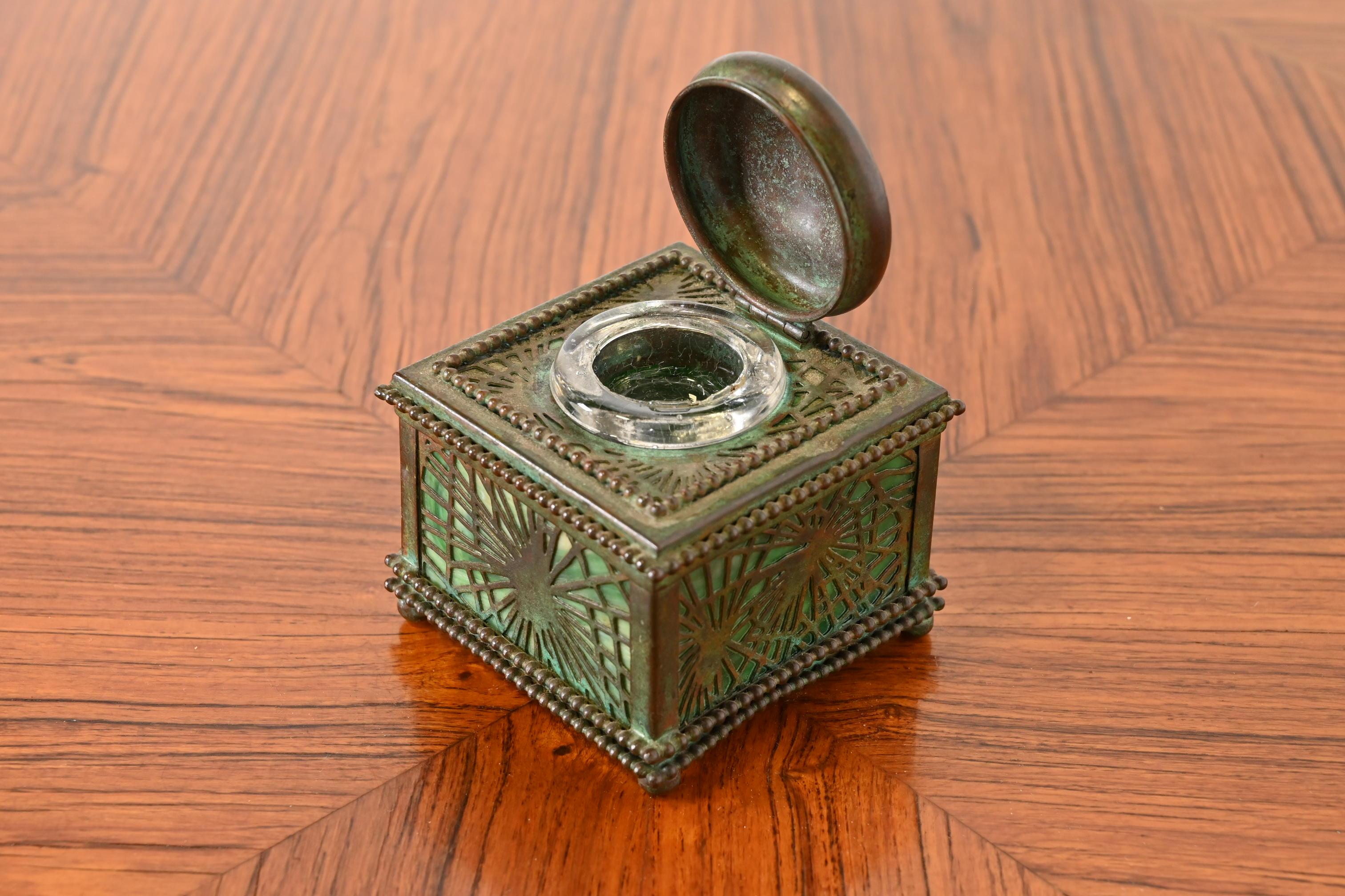 Tiffany Studios New York Pine Needle Bronze and Slag Glass Inkwell, circa 1910 2