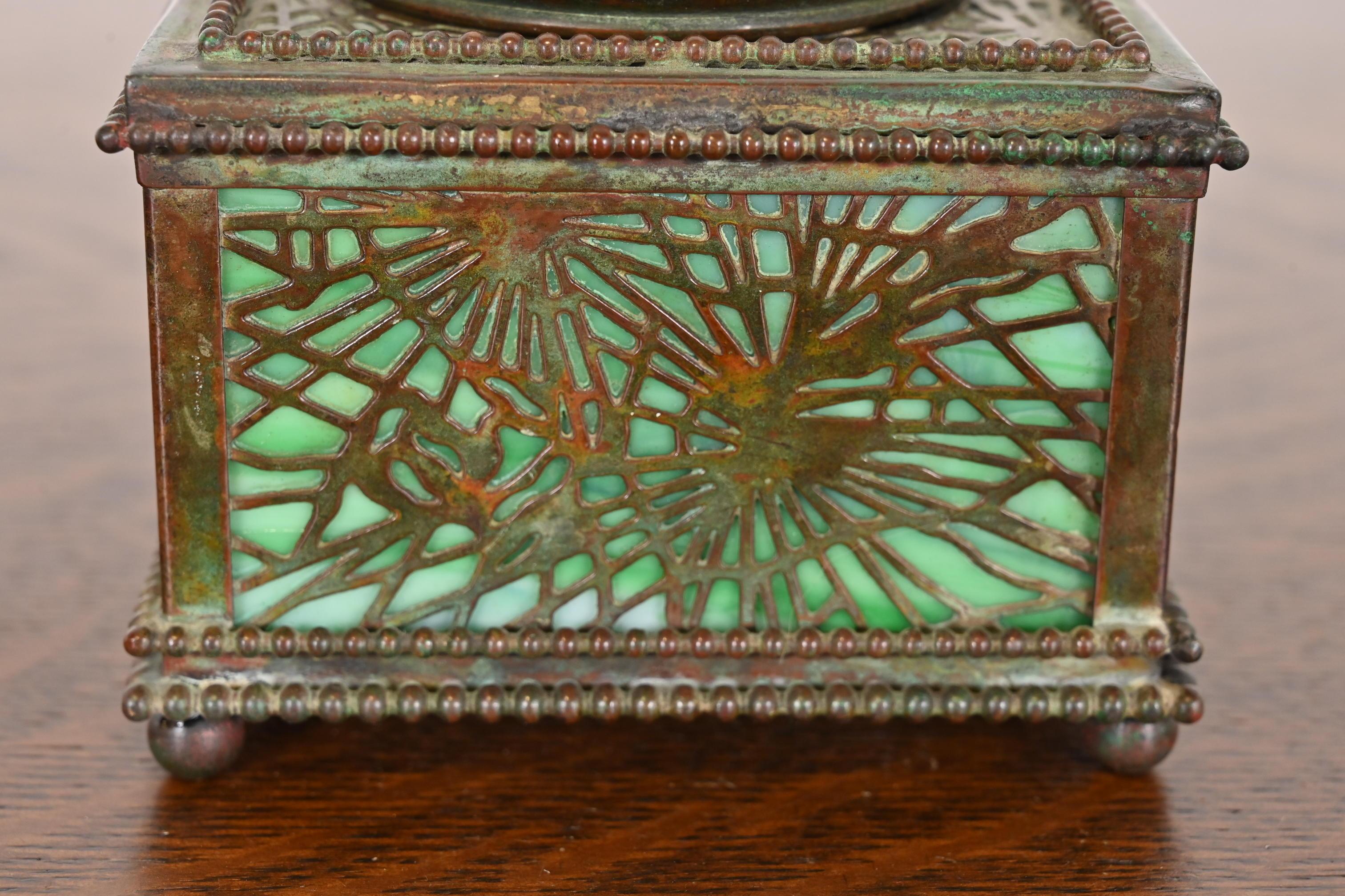 Tiffany Studios New York Pine Needle Bronze and Slag Glass Inkwell, Circa 1910 3