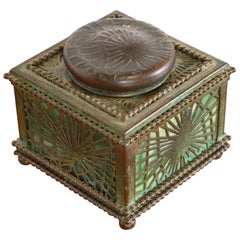 Tiffany Studios New York Pine Needle Bronze and Slag Glass Inkwell, circa 1910