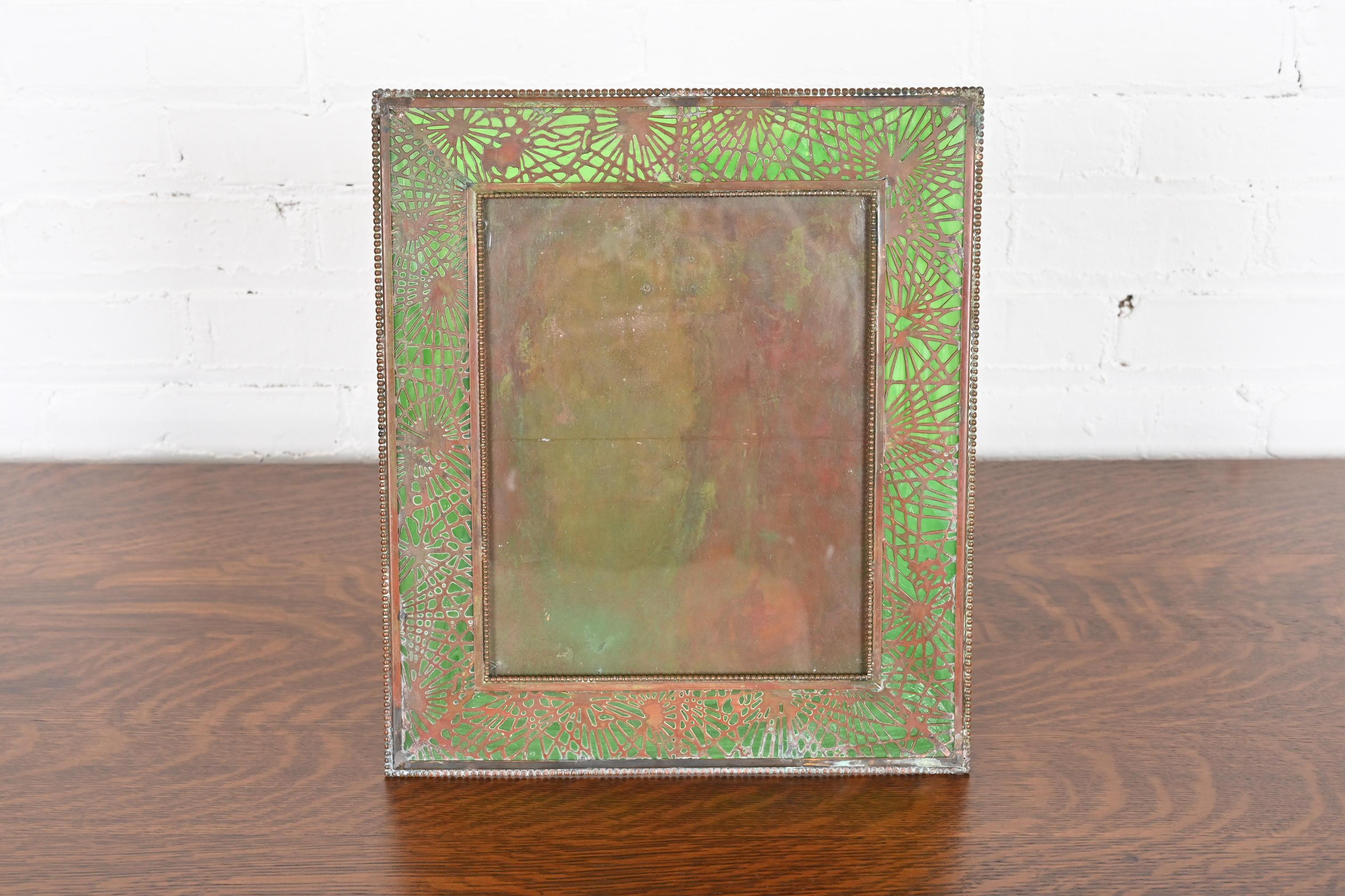 Arts and Crafts Tiffany Studios New York Pine Needle Bronze and Slag Glass Large Picture Frame For Sale
