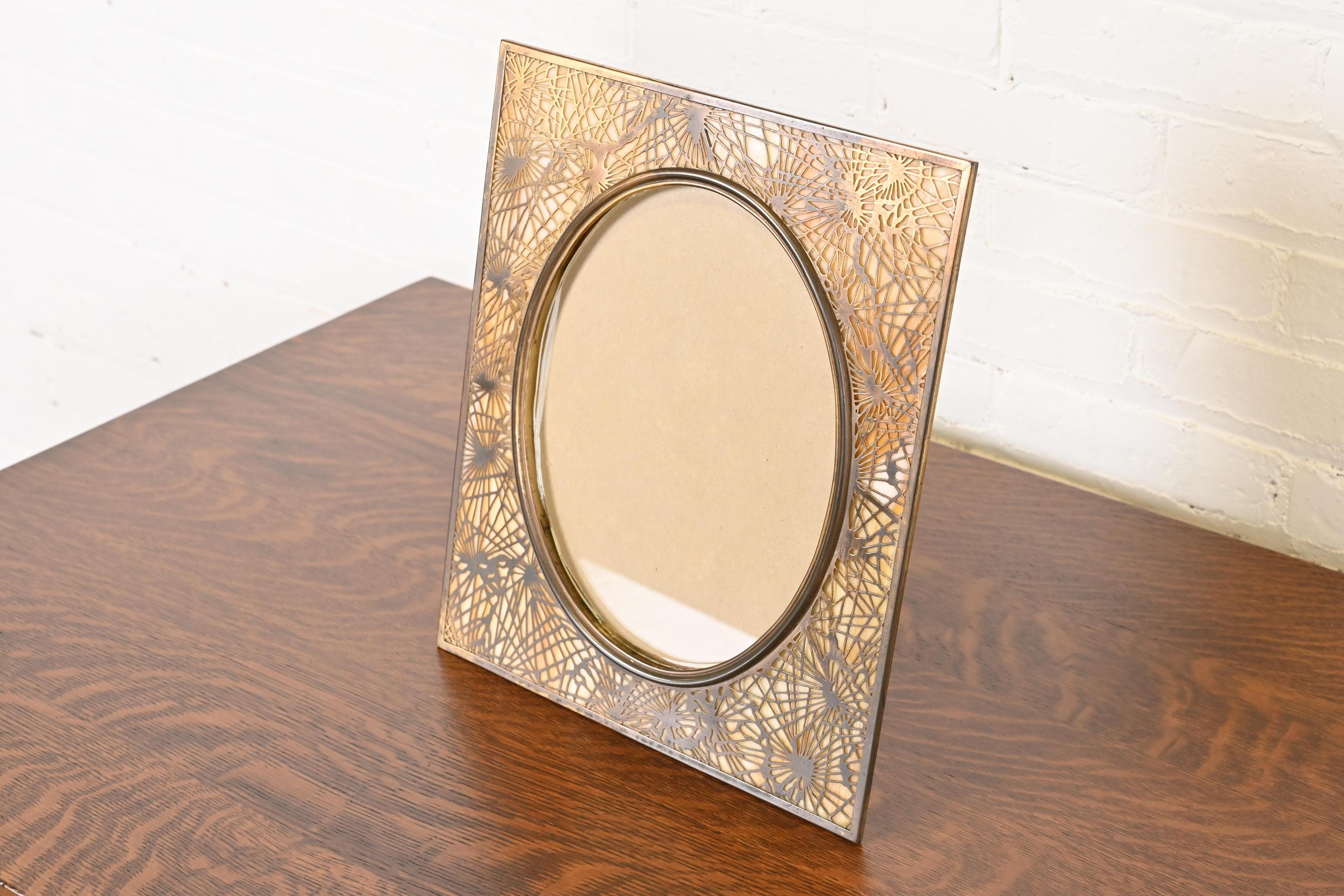 Arts and Crafts Tiffany Studios New York Pine Needle Bronze and Slag Glass Large Picture Frame