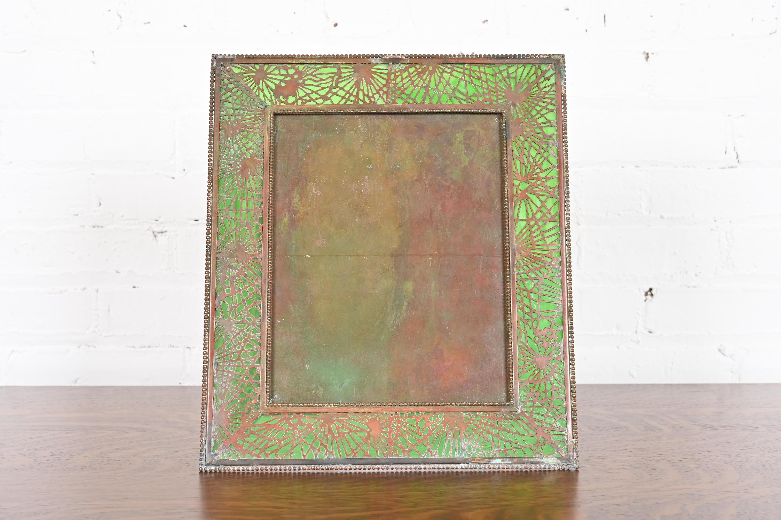 American Tiffany Studios New York Pine Needle Bronze and Slag Glass Large Picture Frame For Sale