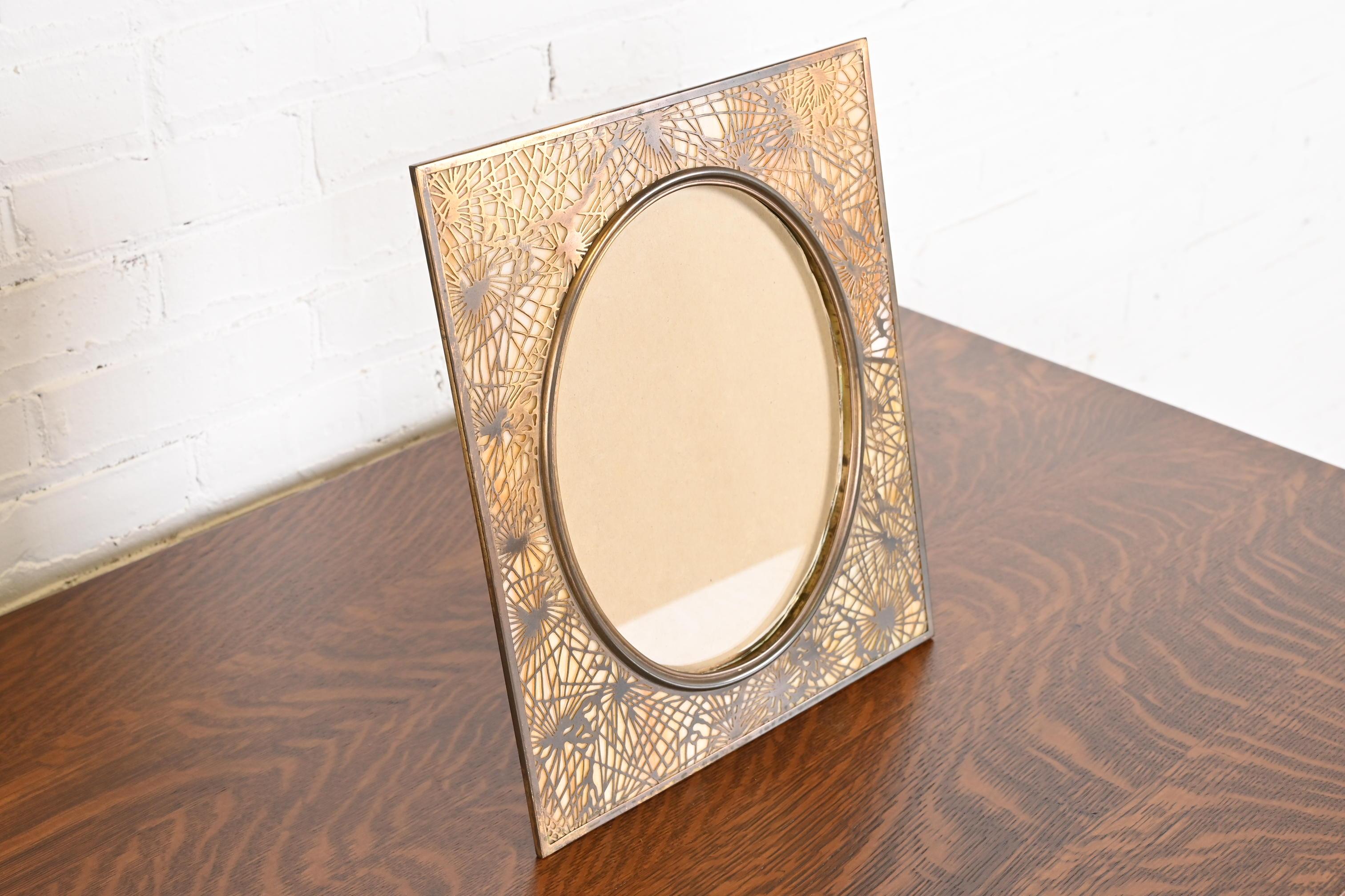 American Tiffany Studios New York Pine Needle Bronze and Slag Glass Large Picture Frame