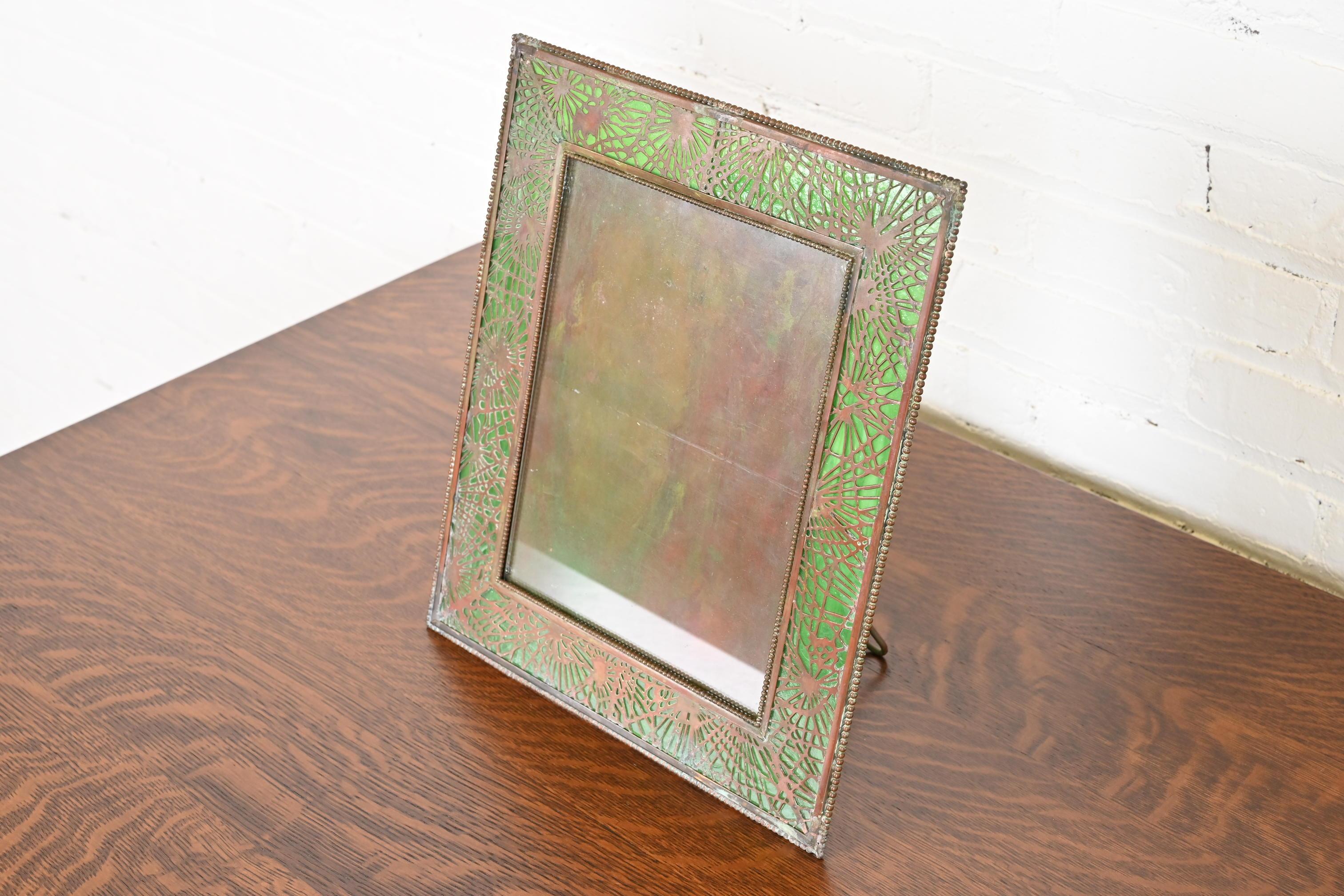 Tiffany Studios New York Pine Needle Bronze and Slag Glass Large Picture Frame In Good Condition For Sale In South Bend, IN