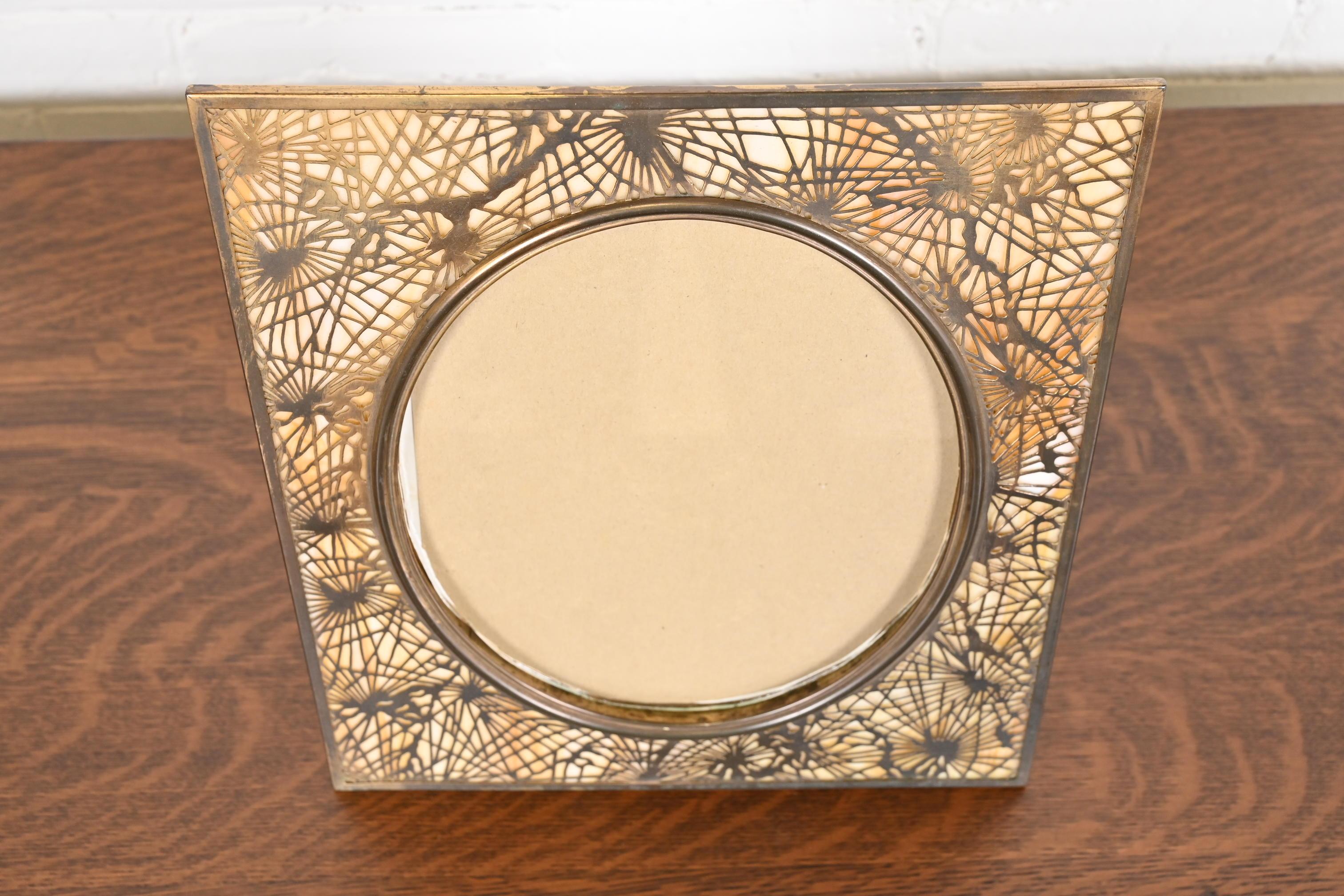 Tiffany Studios New York Pine Needle Bronze and Slag Glass Large Picture Frame In Good Condition In South Bend, IN