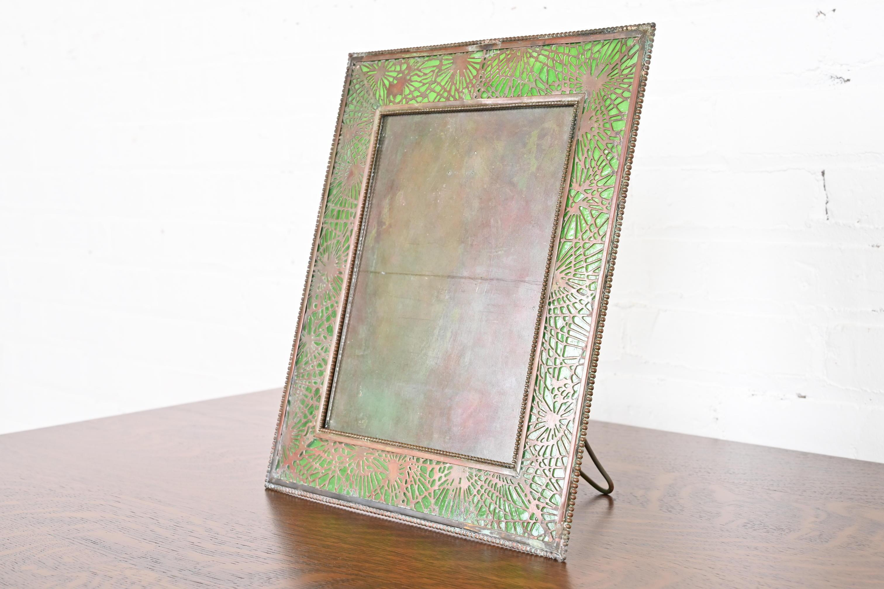 20th Century Tiffany Studios New York Pine Needle Bronze and Slag Glass Large Picture Frame For Sale