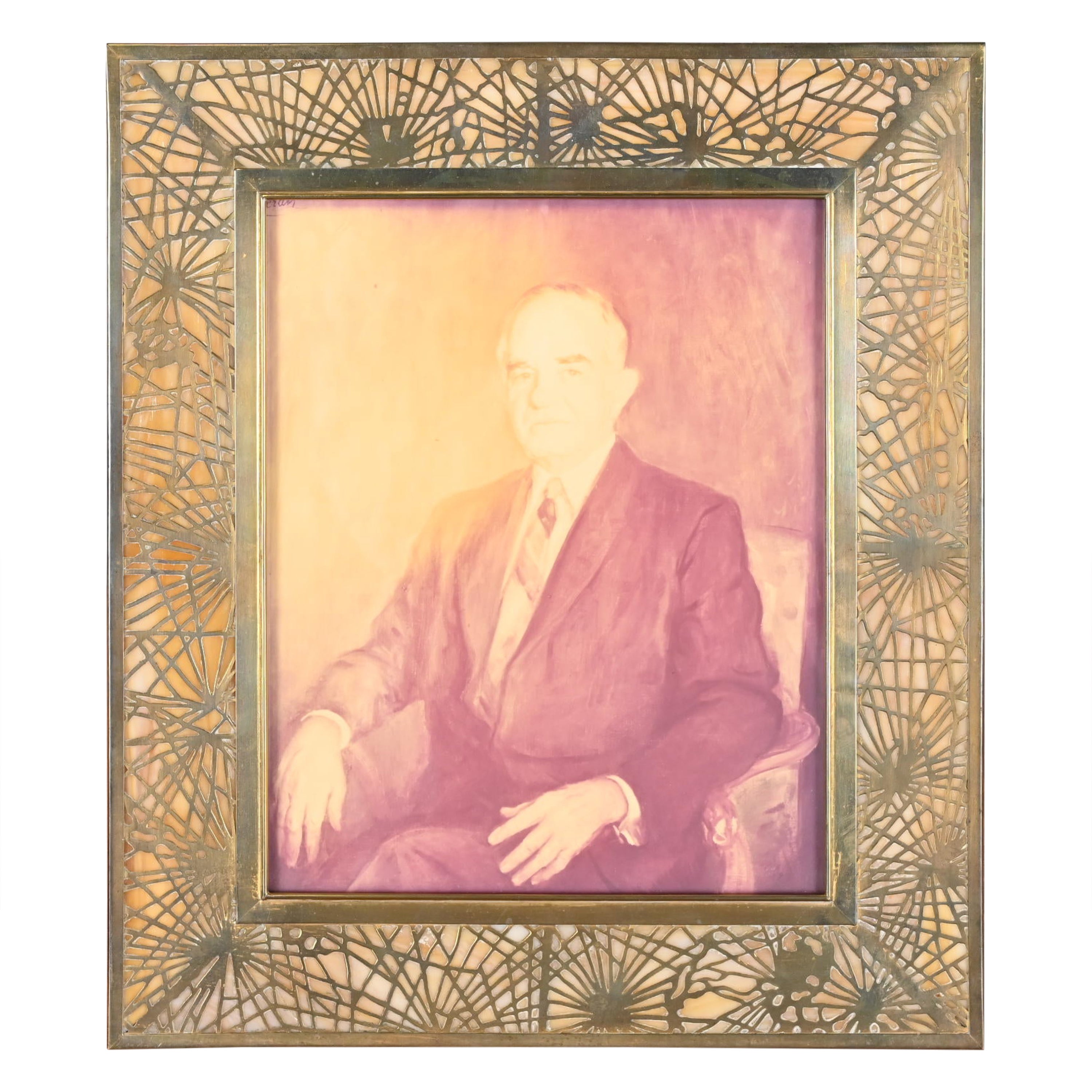 Tiffany Studios New York Pine Needle Bronze and Slag Glass Large Picture Frame