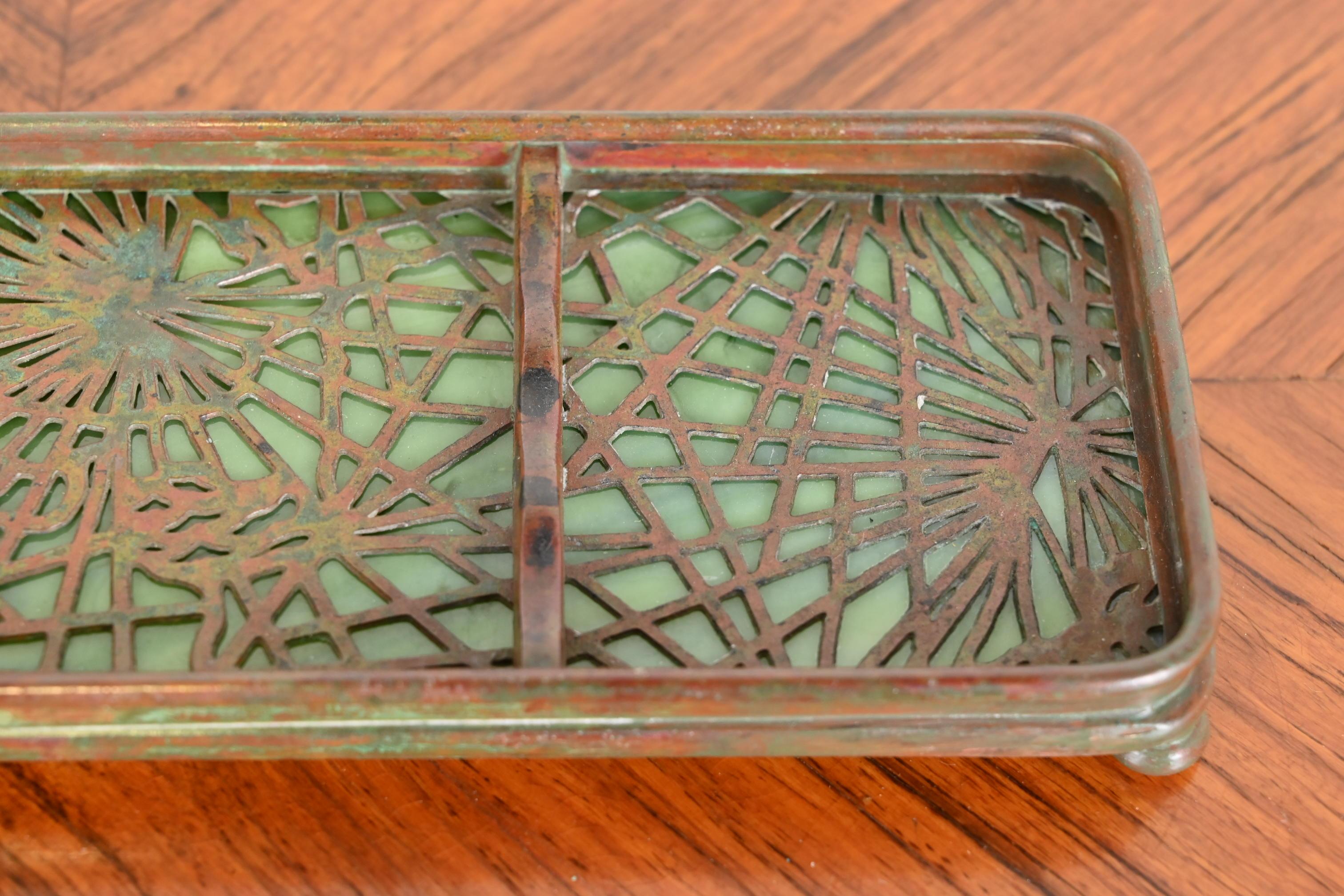 Tiffany Studios New York Pine Needle Bronze and Slag Glass Pen Tray, circa 1910 4