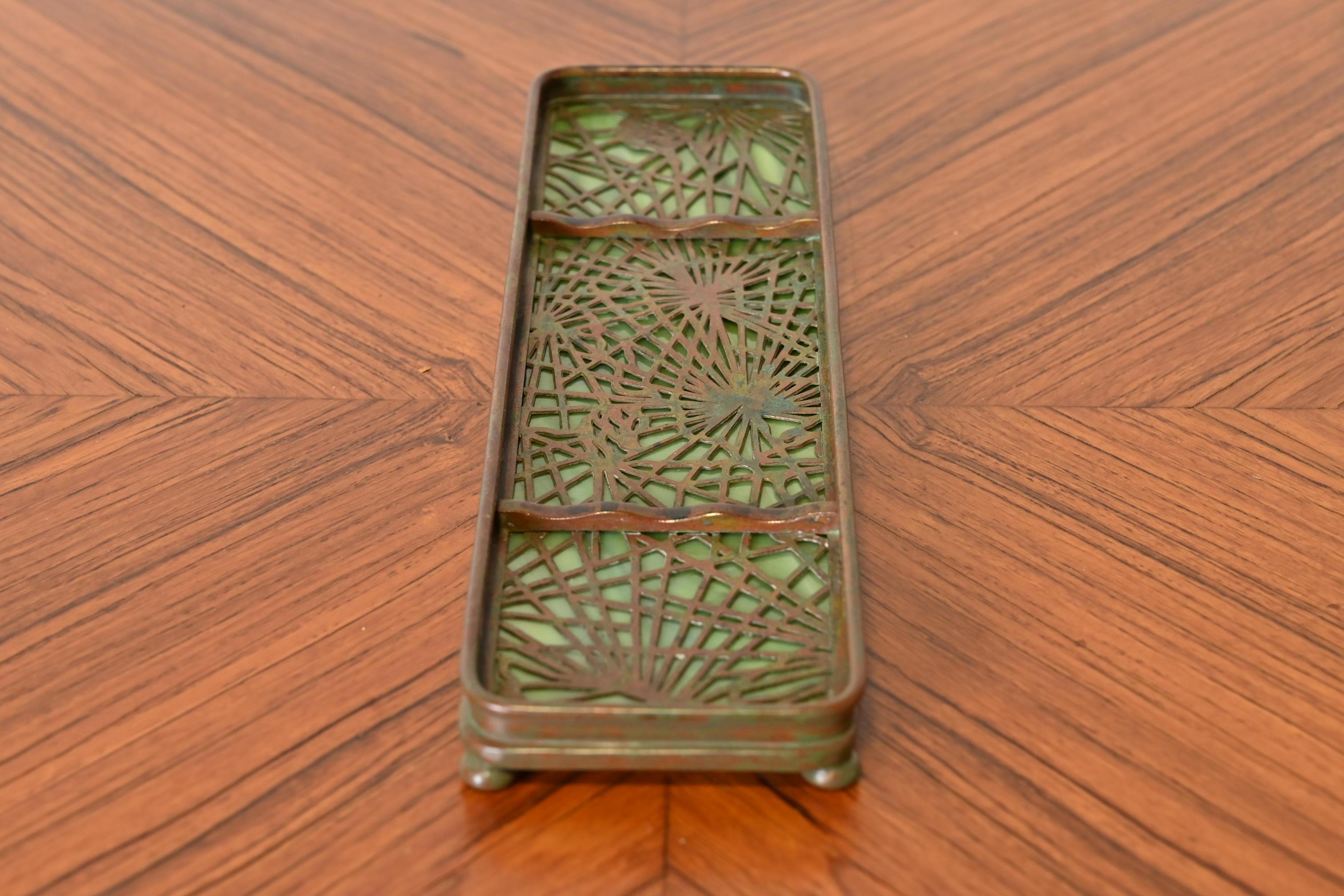 Tiffany Studios New York Pine Needle Bronze and Slag Glass Pen Tray, circa 1910 5