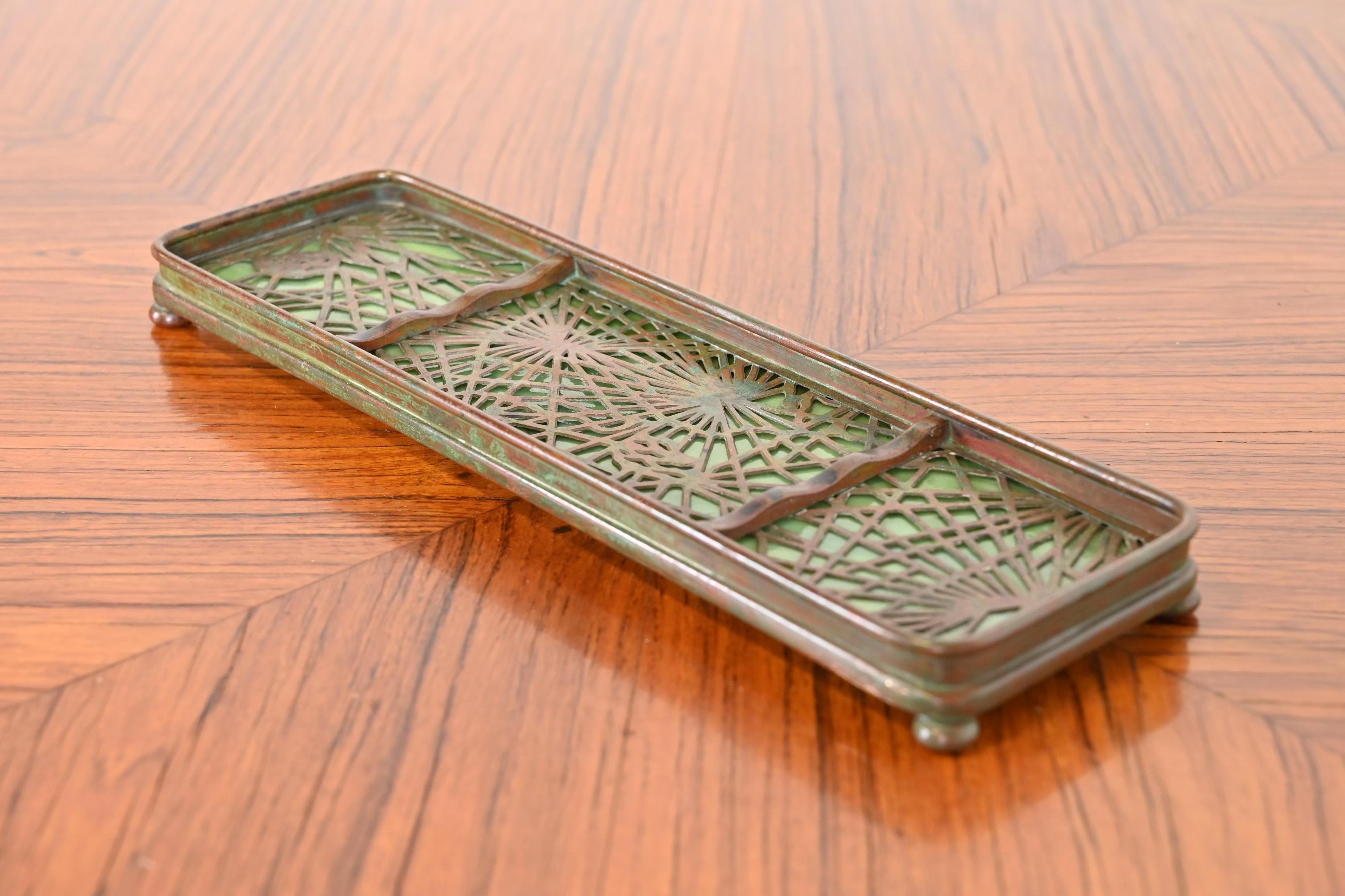 American Tiffany Studios New York Pine Needle Bronze and Slag Glass Pen Tray, circa 1910