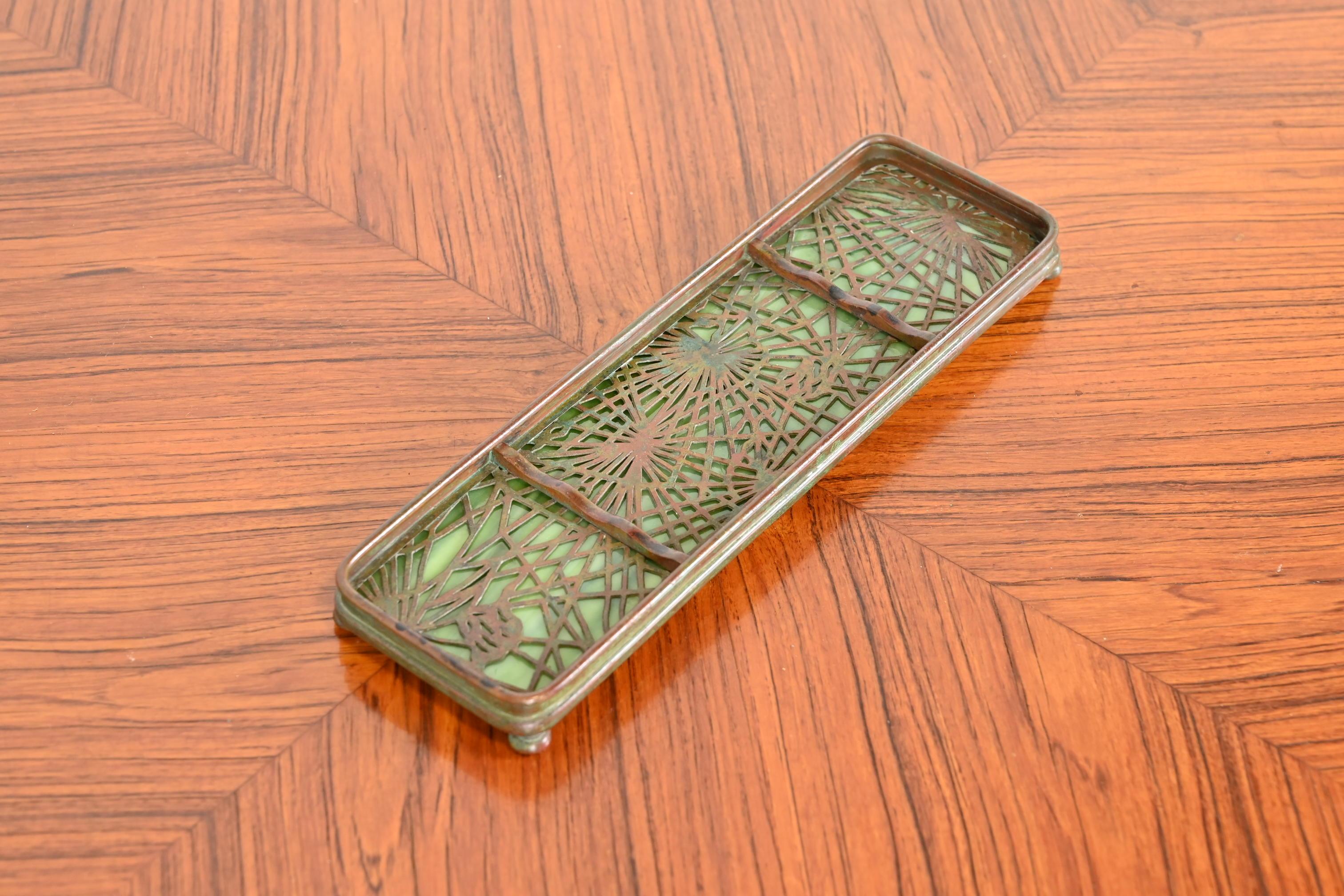 Tiffany Studios New York Pine Needle Bronze and Slag Glass Pen Tray, circa 1910 In Good Condition In South Bend, IN