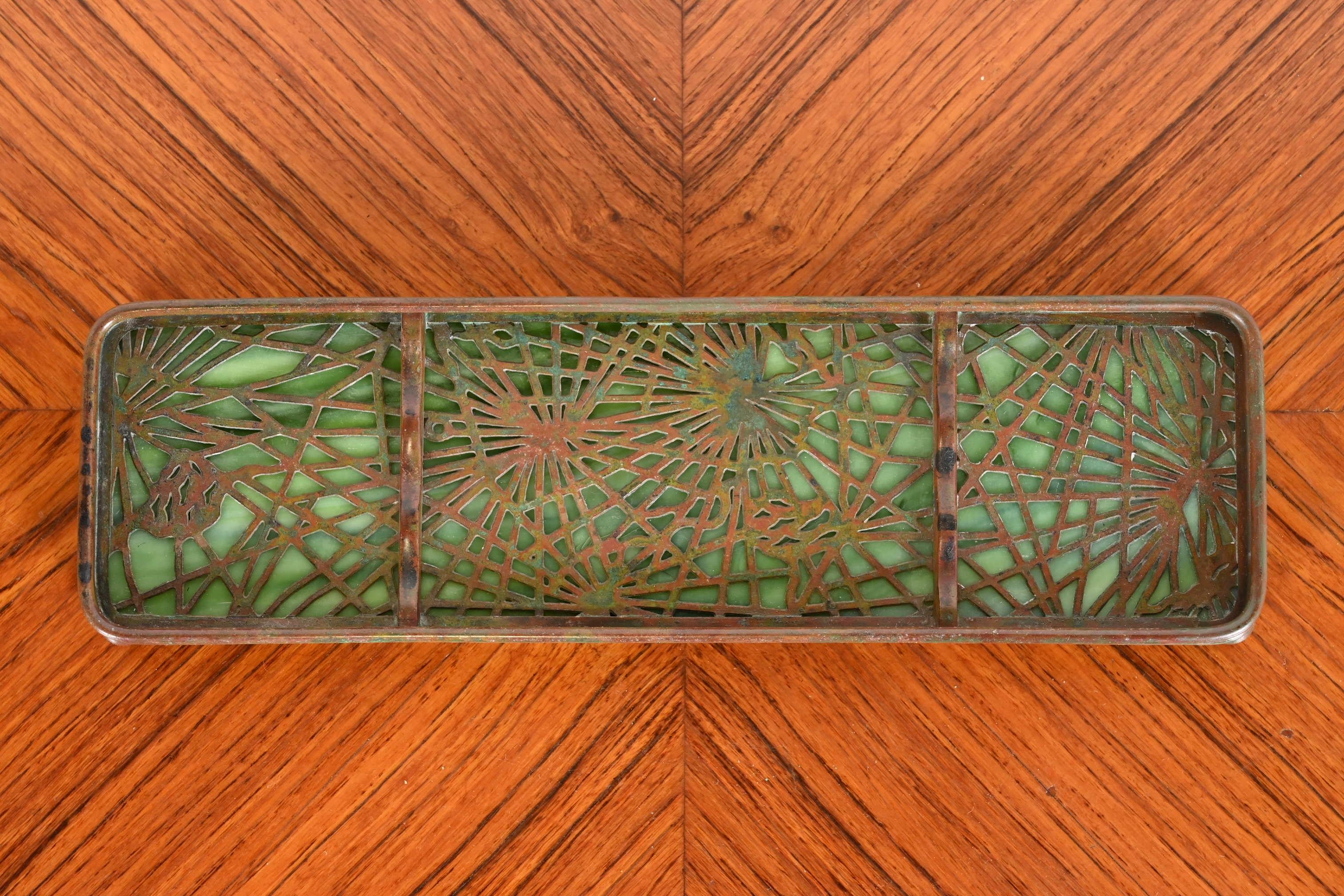 Tiffany Studios New York Pine Needle Bronze and Slag Glass Pen Tray, circa 1910 1