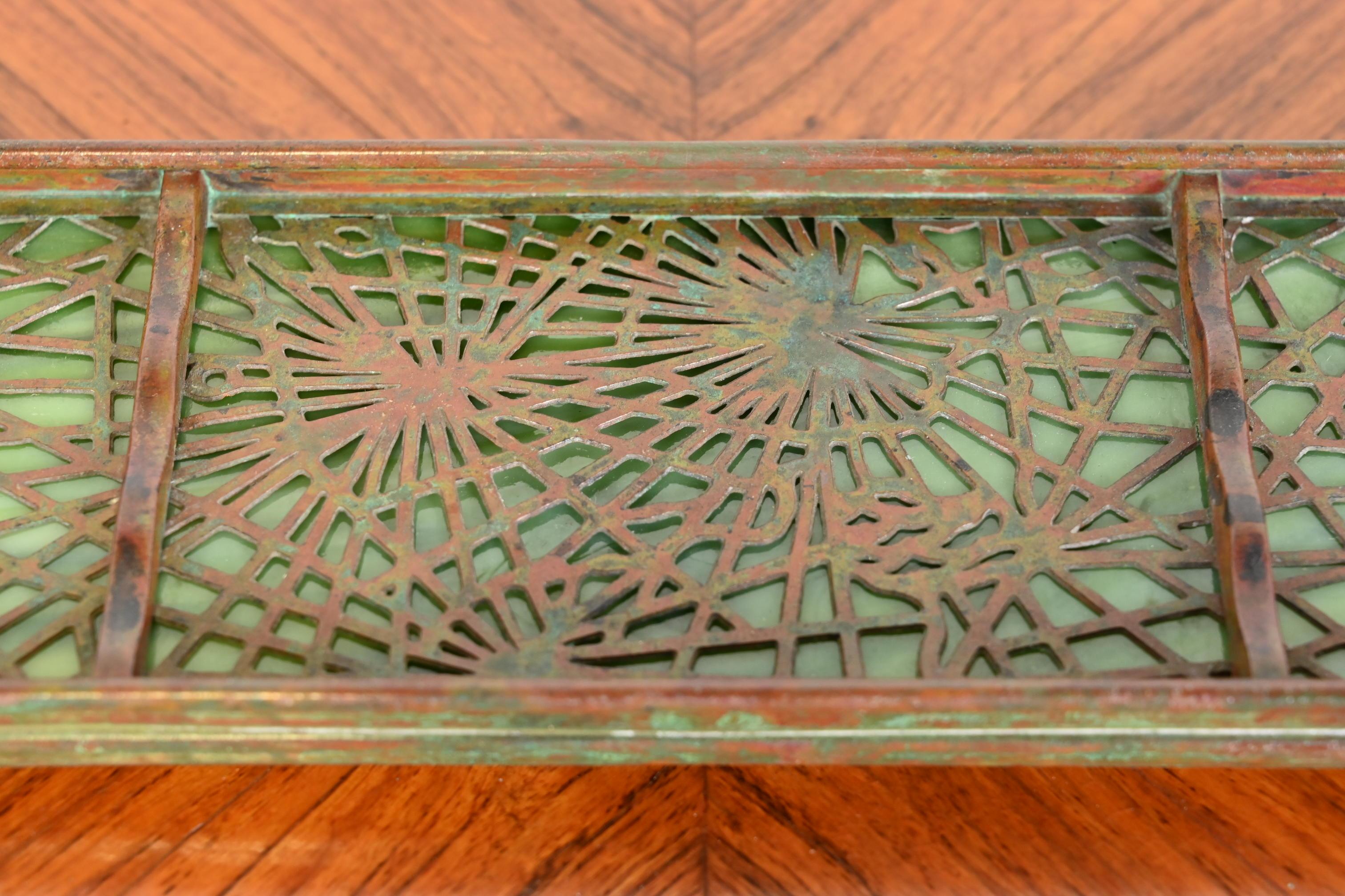 Tiffany Studios New York Pine Needle Bronze and Slag Glass Pen Tray, circa 1910 3