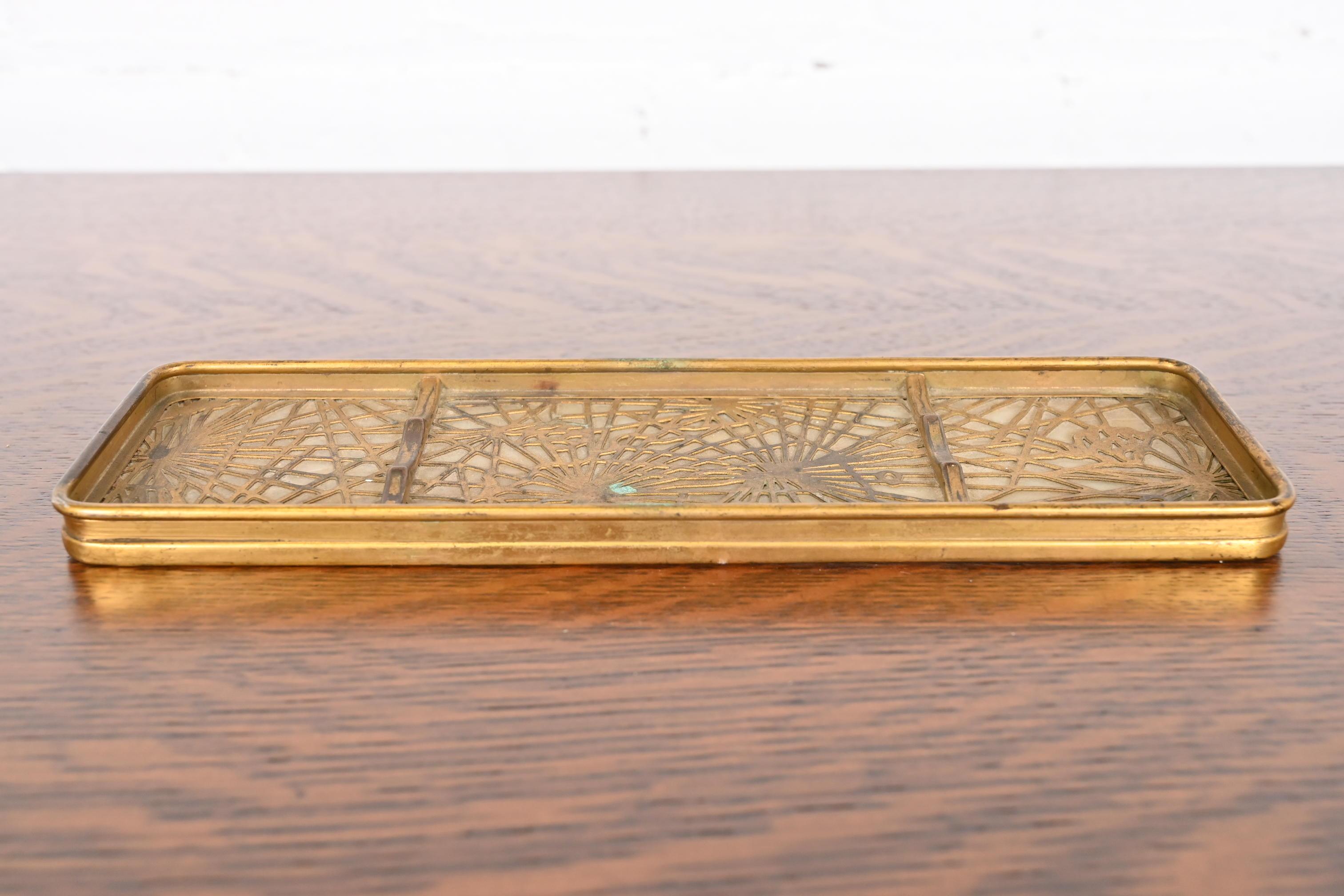 Art Nouveau Tiffany Studios New York Pine Needle Bronze and Slag Glass Pen Tray For Sale