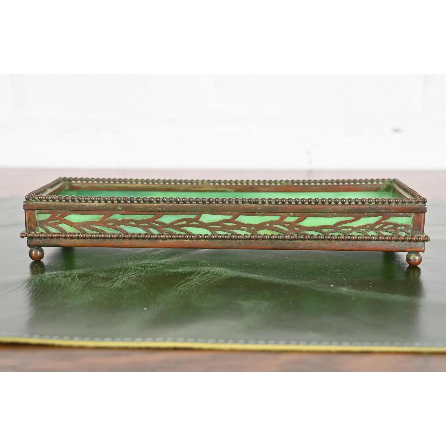 Arts and Crafts Tiffany Studios New York Pine Needle Bronze and Slag Glass Pencil Tray