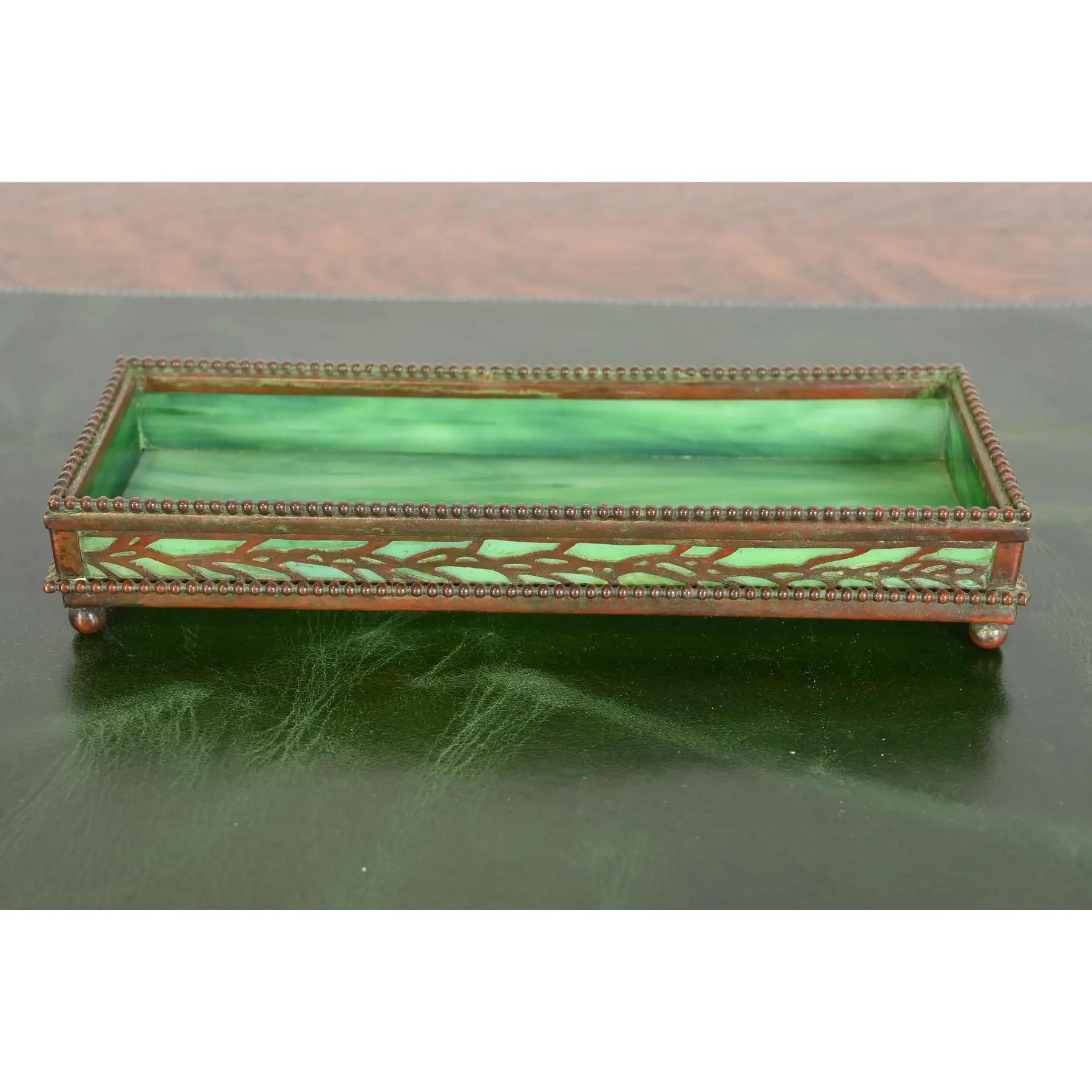 American Tiffany Studios New York Pine Needle Bronze and Slag Glass Pencil Tray