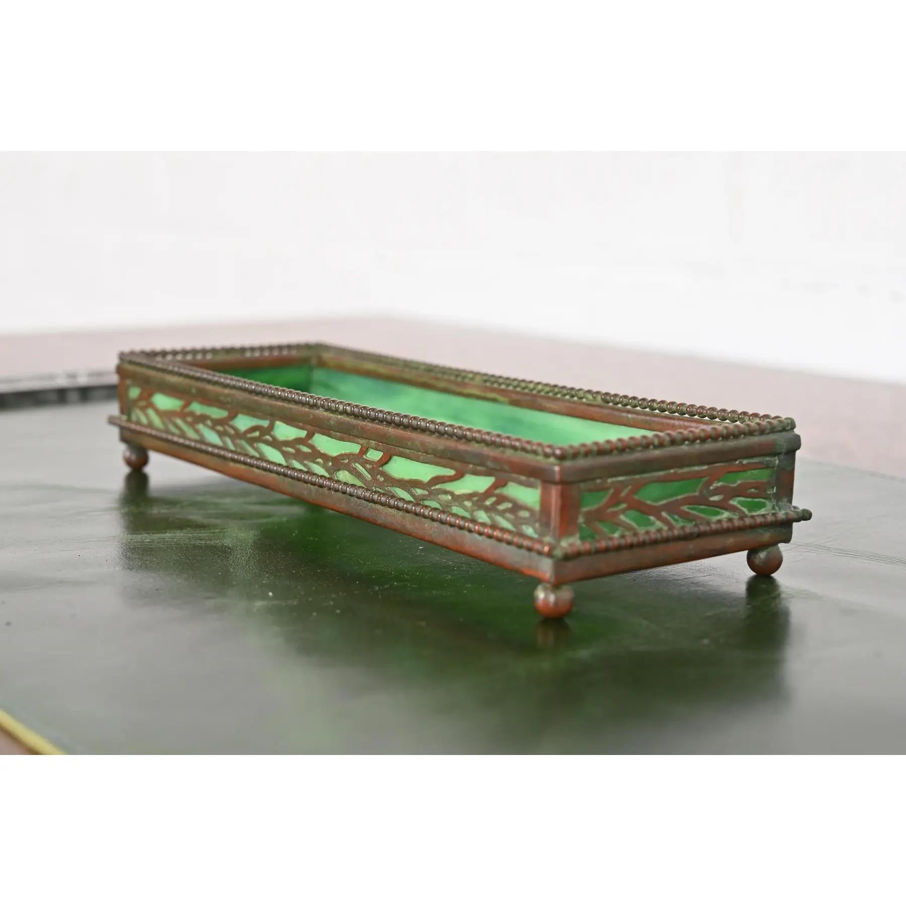 Tiffany Studios New York Pine Needle Bronze and Slag Glass Pencil Tray In Good Condition In South Bend, IN