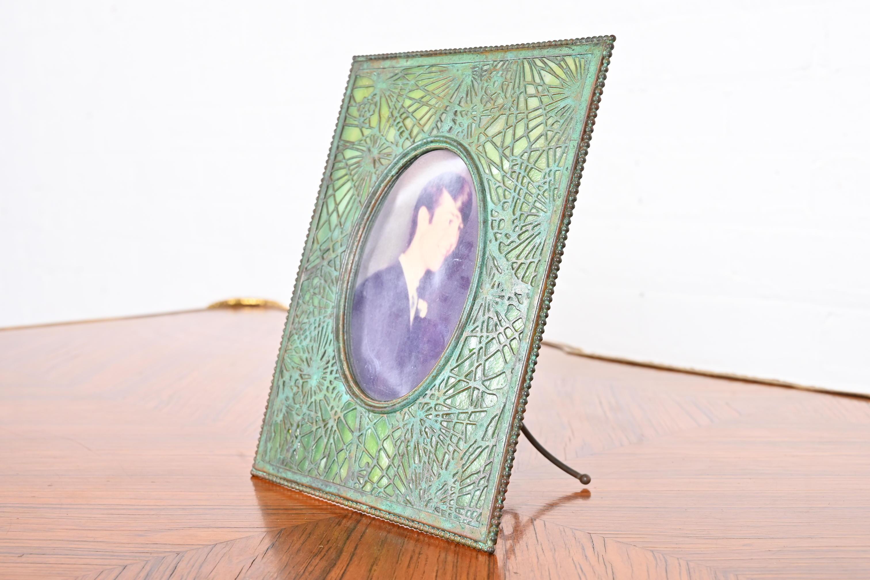 Art Nouveau Tiffany Studios New York Pine Needle Bronze and Slag Glass Picture Frame