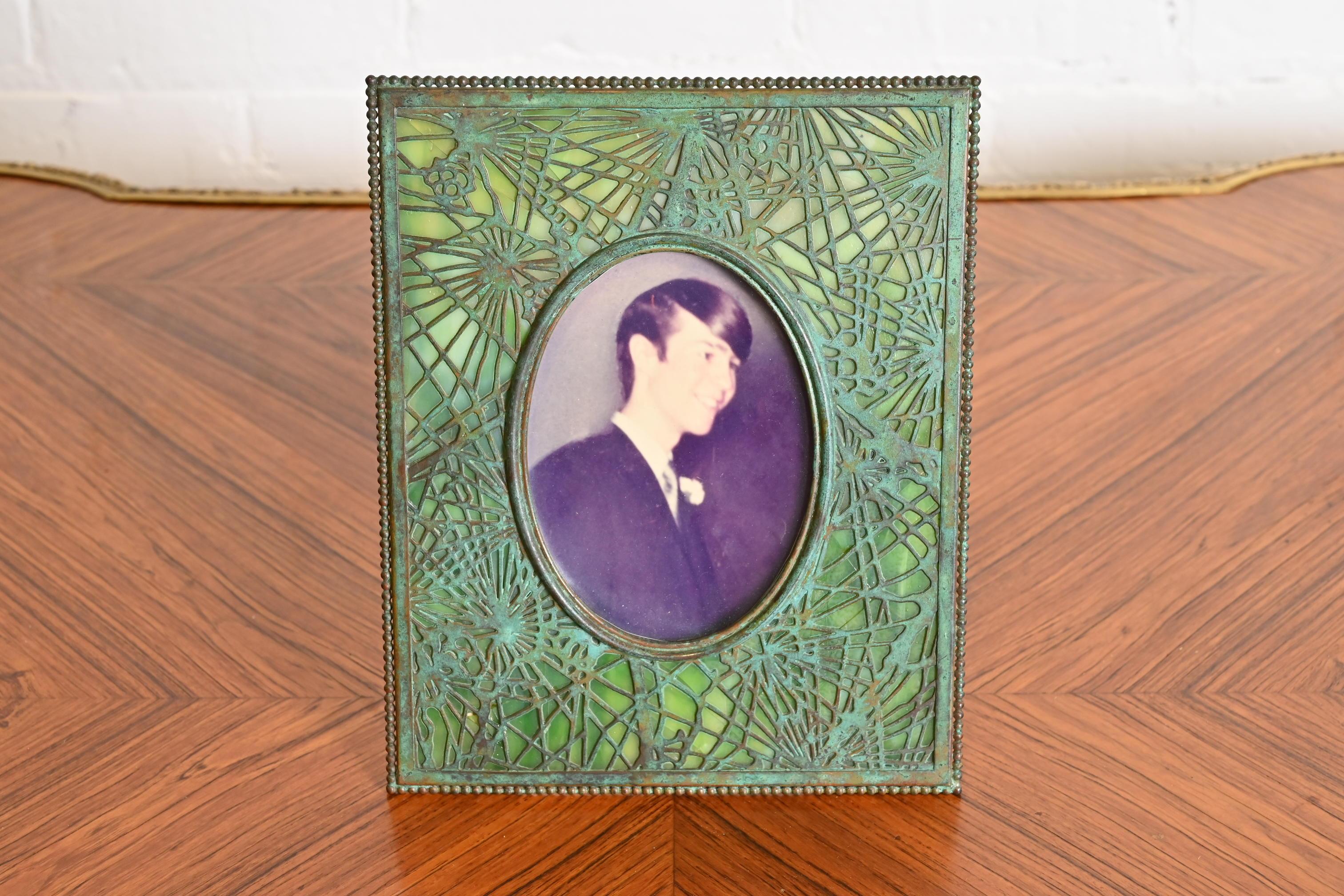 American Tiffany Studios New York Pine Needle Bronze and Slag Glass Picture Frame