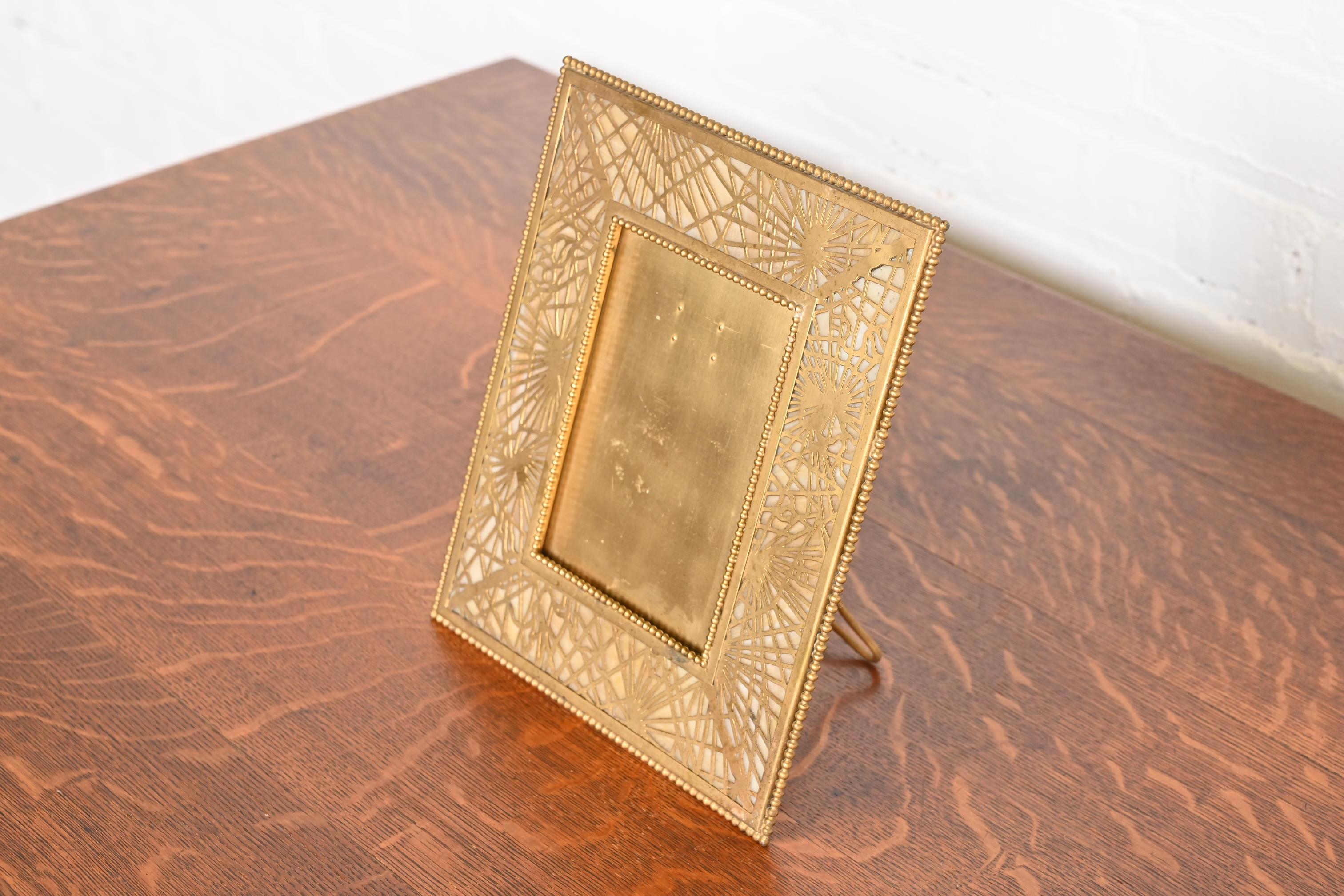 Tiffany Studios New York Pine Needle Bronze and Slag Glass Picture Frame In Good Condition In South Bend, IN