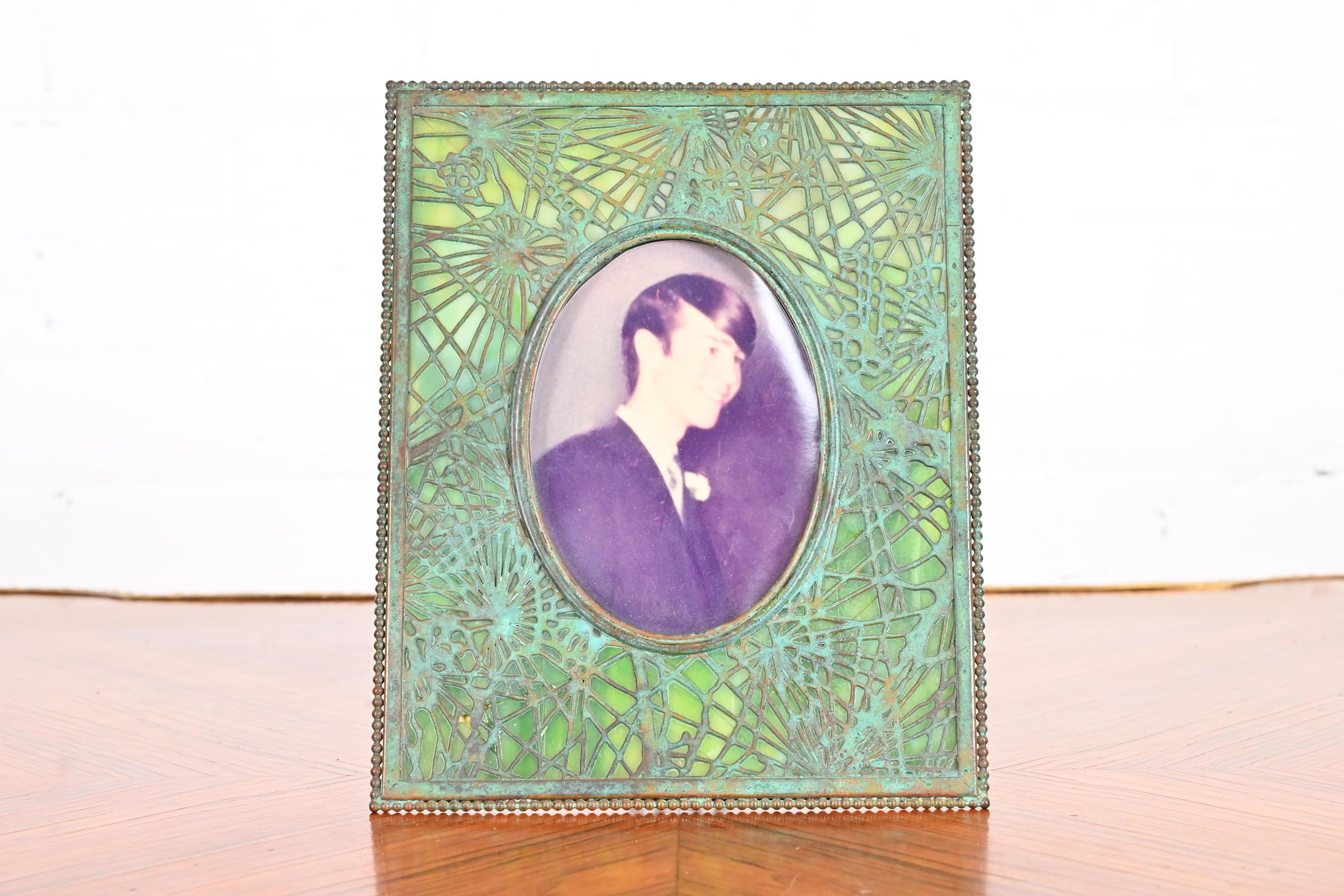 20th Century Tiffany Studios New York Pine Needle Bronze and Slag Glass Picture Frame