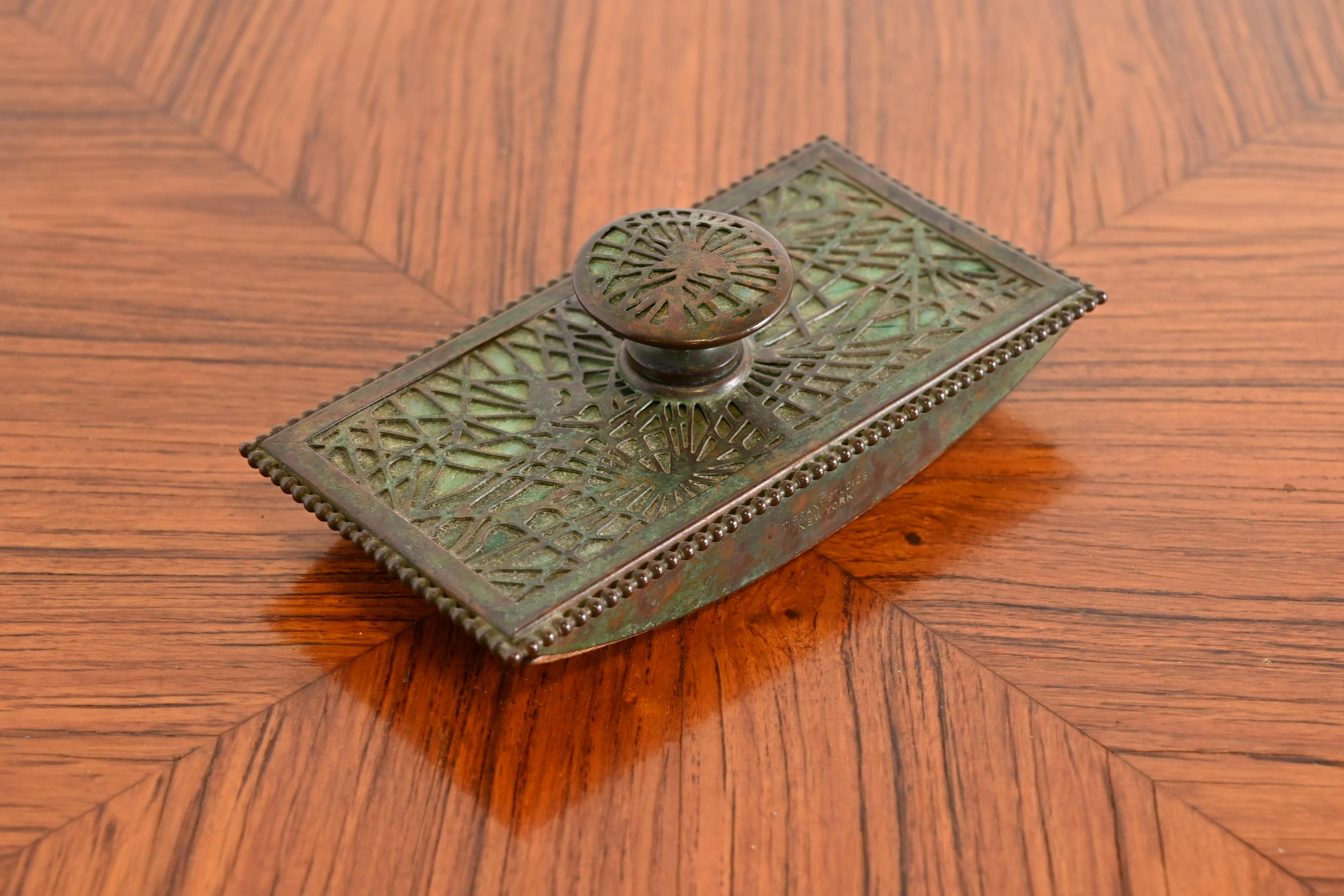 Tiffany Studios New York Pine Needle Bronze and Slag Glass Rocker Blotter In Good Condition In South Bend, IN