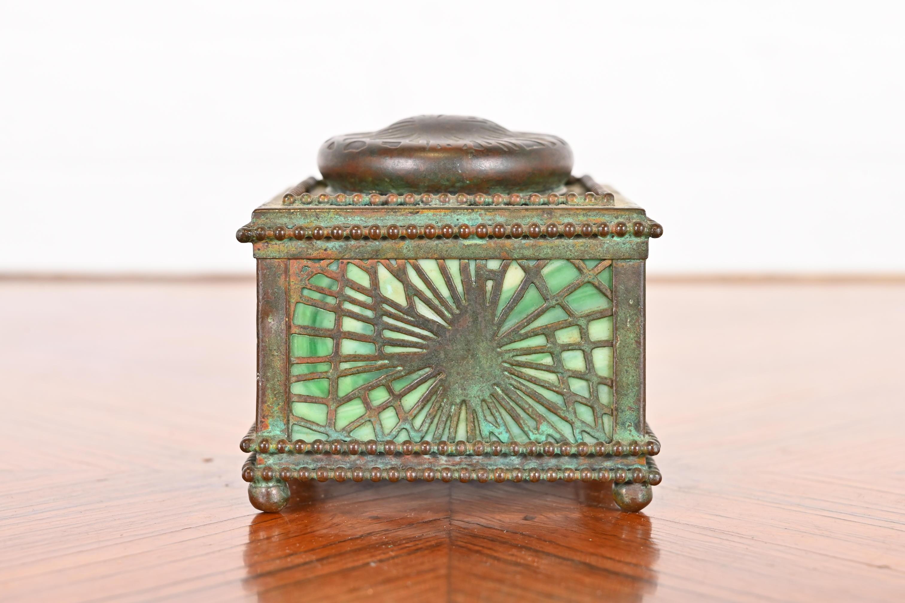 20th Century Tiffany Studios New York Pine Needle Bronze and Slag Glass Seven-Piece Desk Set