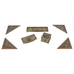 Tiffany Studios New York Pine Needle Bronze and Slag Glass Seven-Piece Desk Set