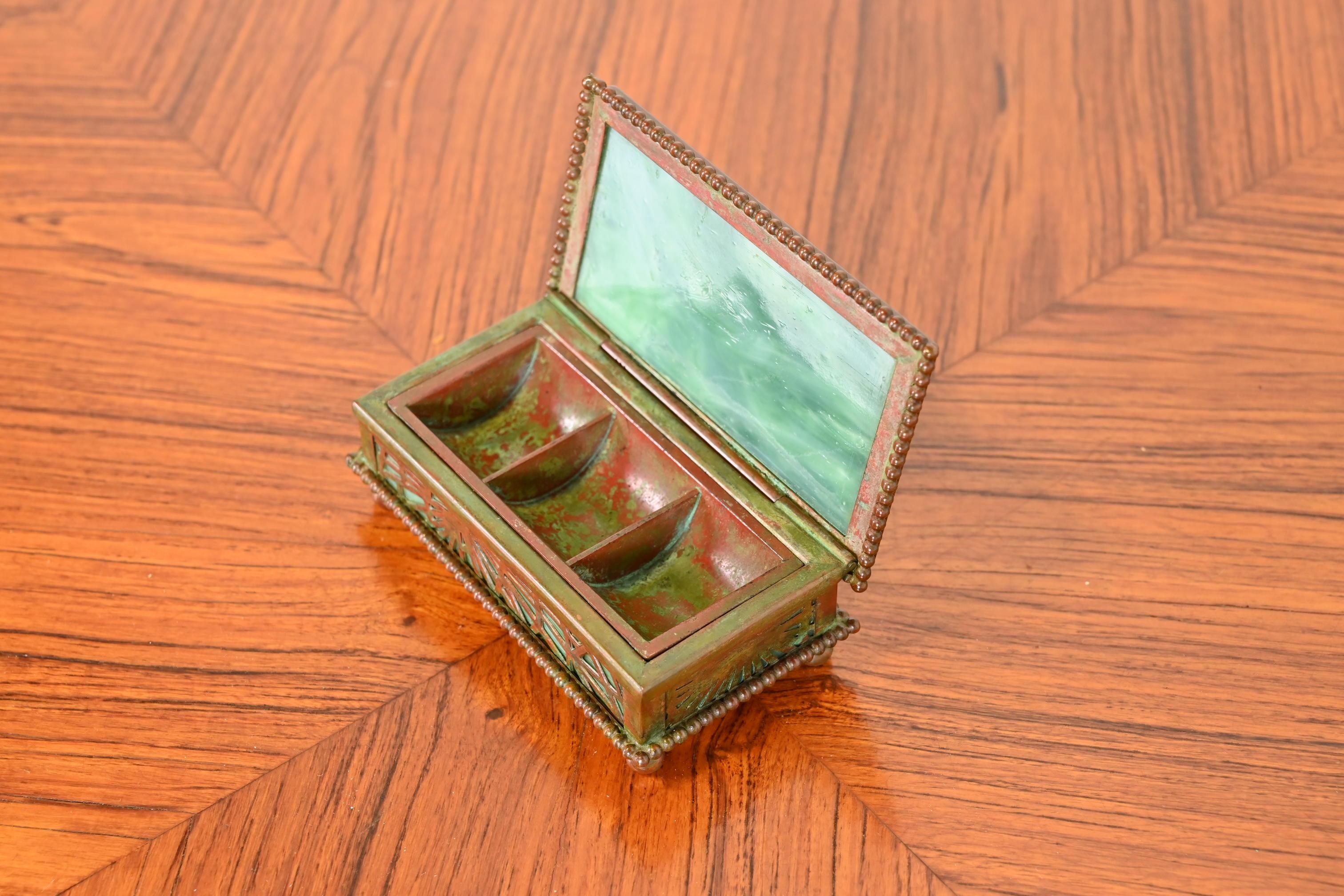 Tiffany Studios New York Pine Needle Bronze and Slag Glass Stamp Box, circa 1910 2