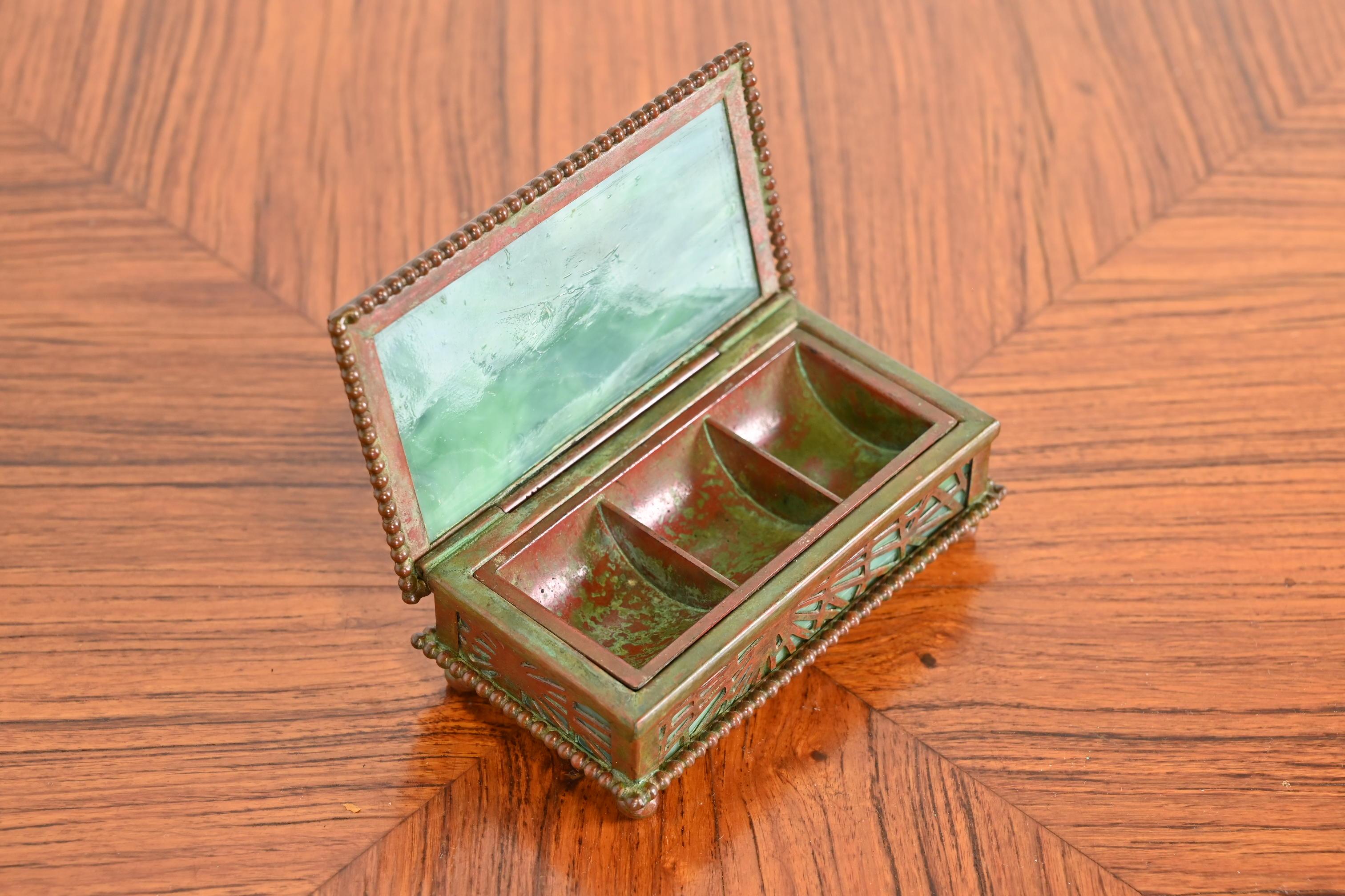 Tiffany Studios New York Pine Needle Bronze and Slag Glass Stamp Box, circa 1910 3