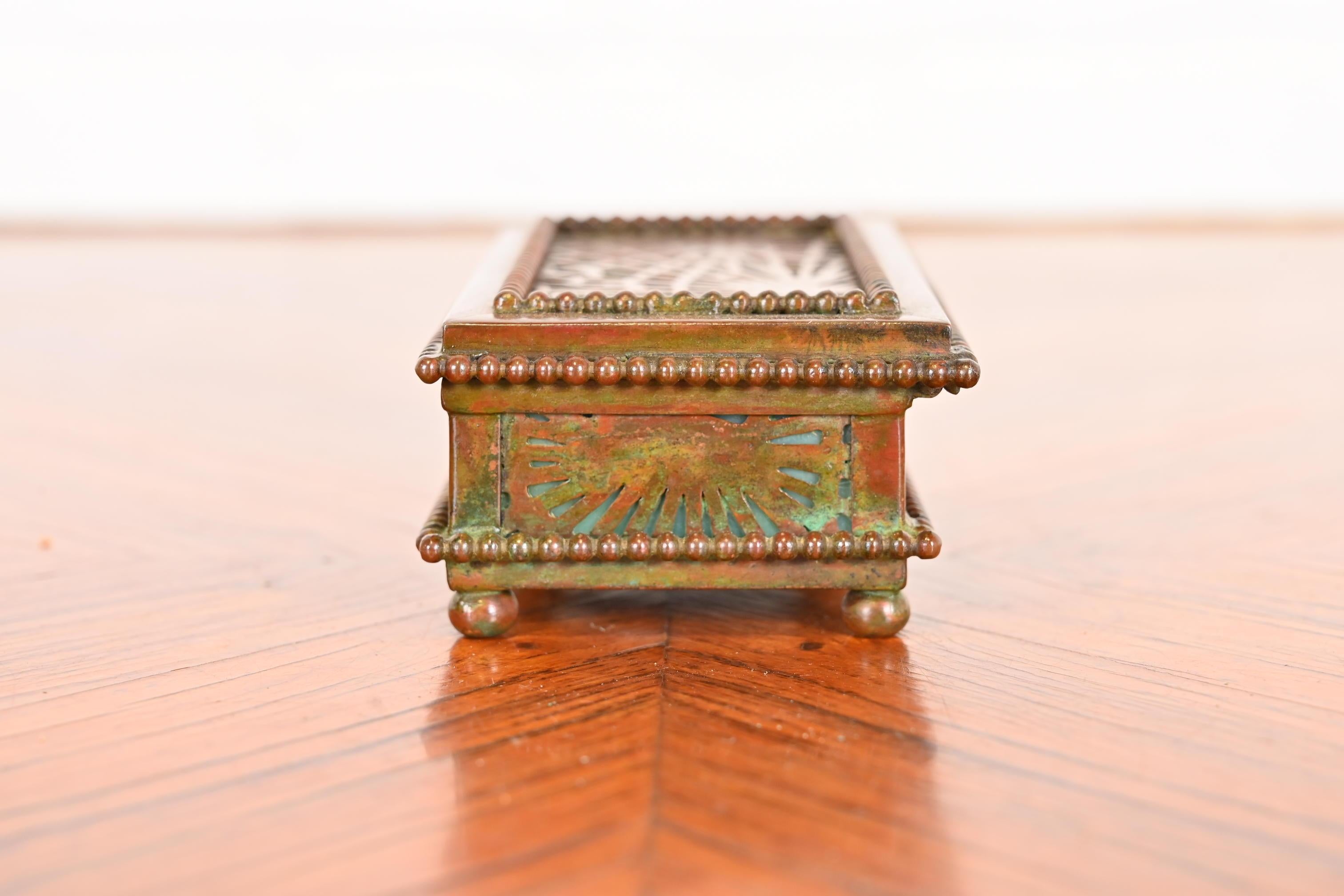 Tiffany Studios New York Pine Needle Bronze and Slag Glass Stamp Box, circa 1910 5