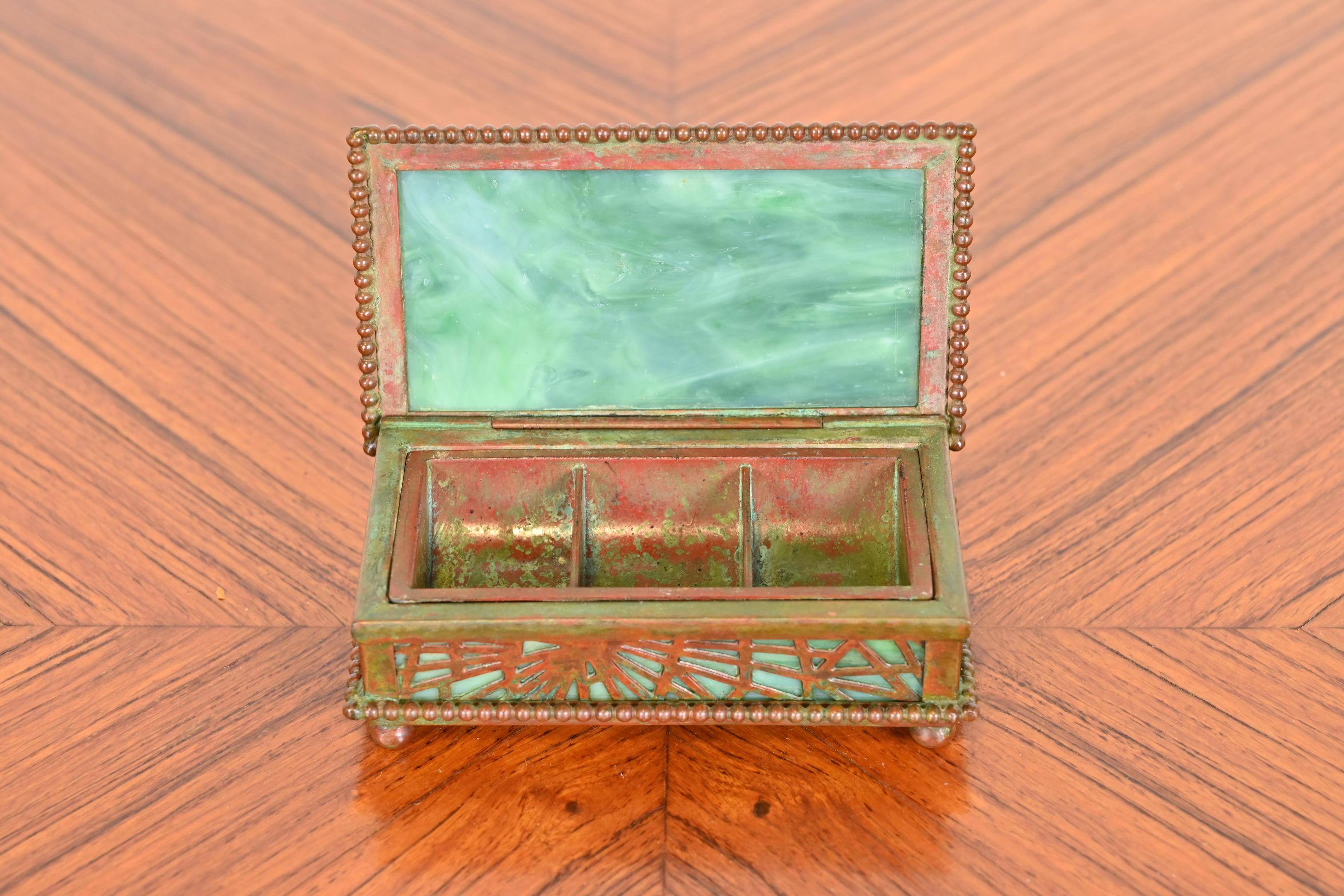 20th Century Tiffany Studios New York Pine Needle Bronze and Slag Glass Stamp Box, circa 1910