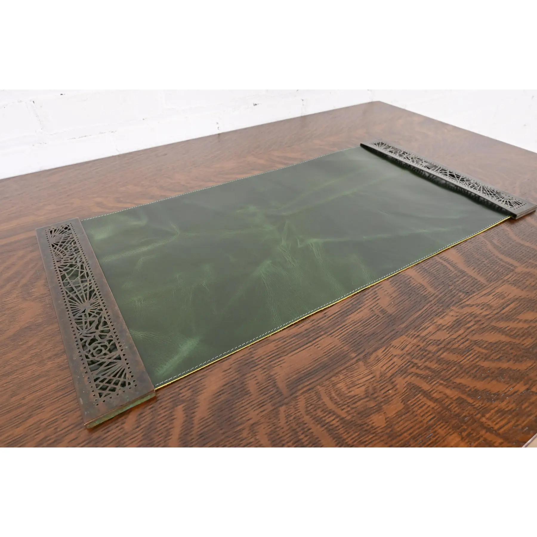American Tiffany Studios New York Pine Needle Bronze Blotter Ends With Leather Blotter For Sale