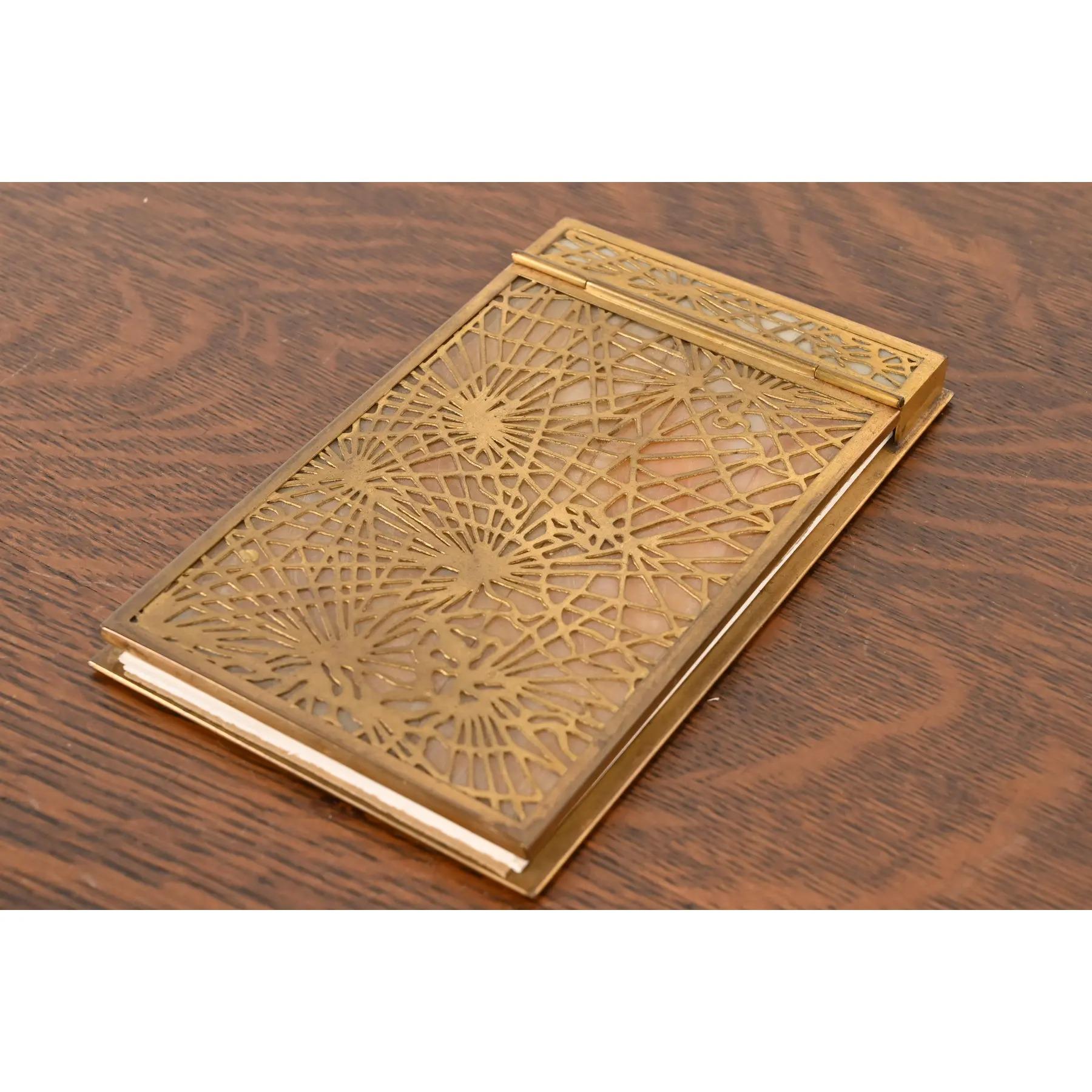 Tiffany Studios New York Pine Needle Bronze Doré and Favrile Slag Glass Desk Set For Sale 5