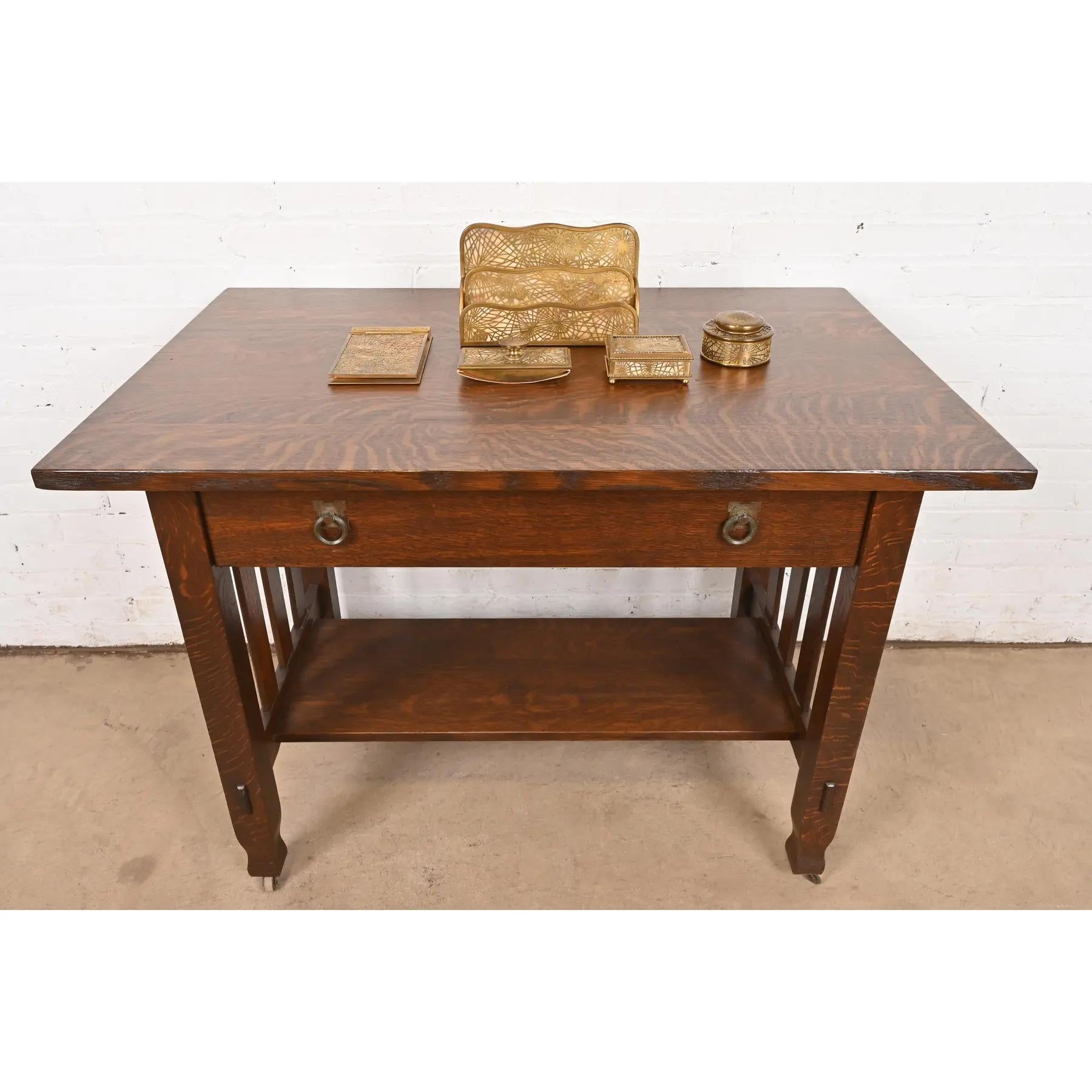 Tiffany Studios New York Pine Needle Bronze Doré and Favrile Slag Glass Desk Set For Sale 7