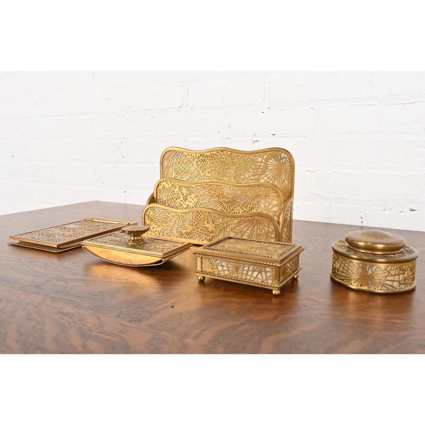 Arts and Crafts Tiffany Studios New York Pine Needle Bronze Doré and Favrile Slag Glass Desk Set For Sale
