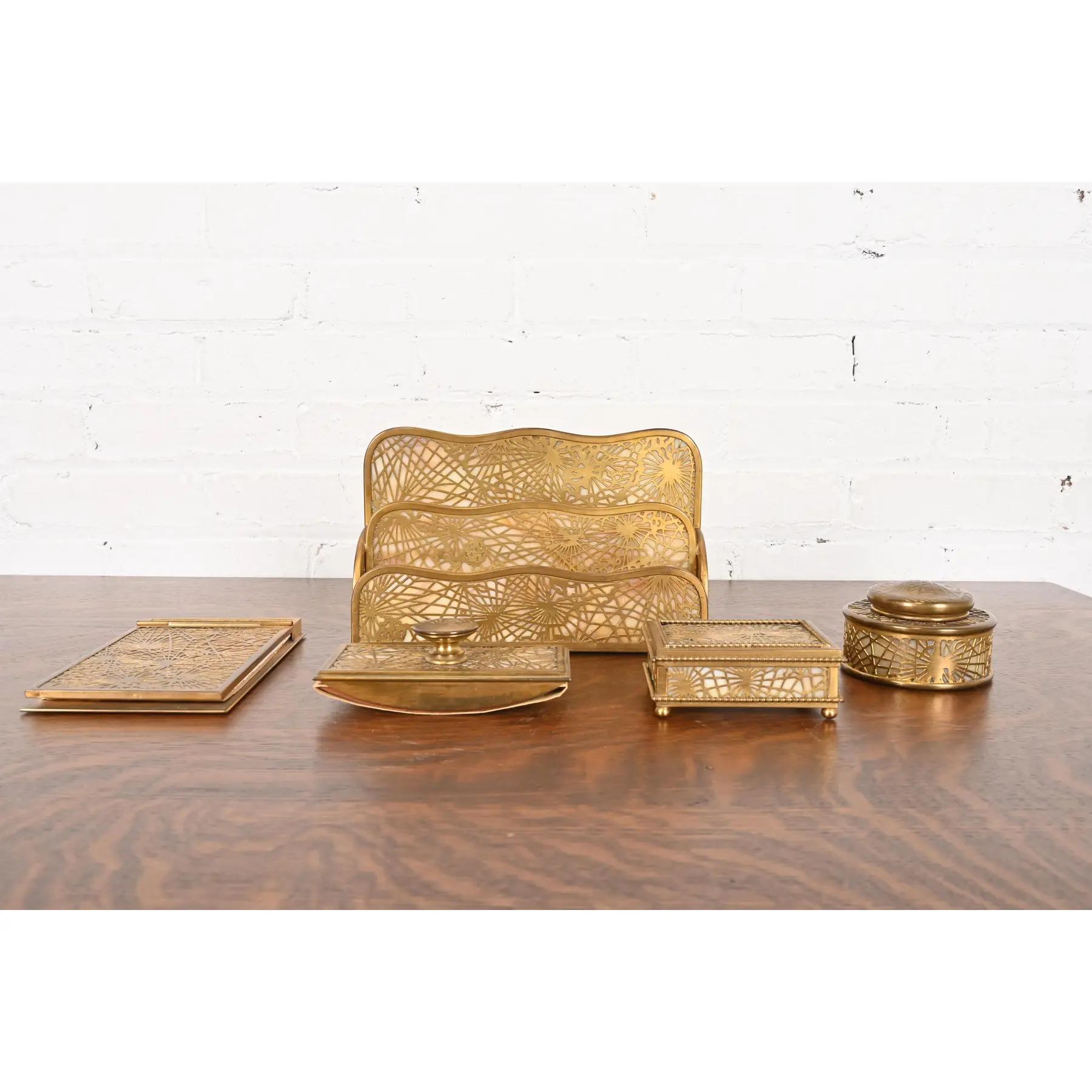 American Tiffany Studios New York Pine Needle Bronze Doré and Favrile Slag Glass Desk Set For Sale