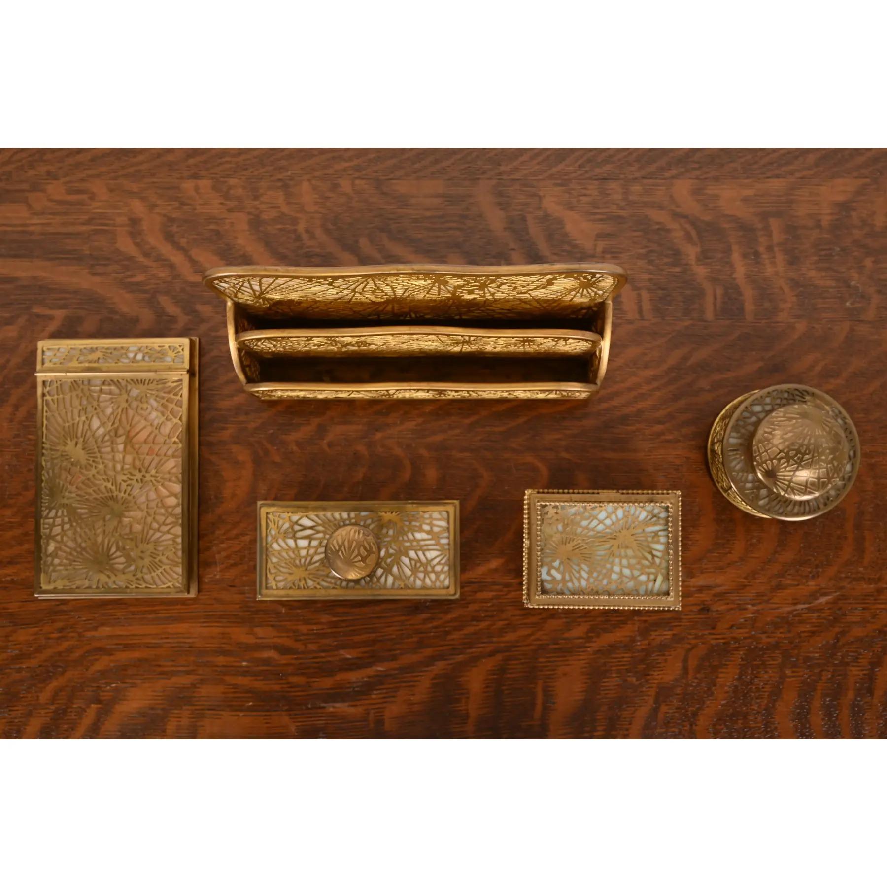 20th Century Tiffany Studios New York Pine Needle Bronze Doré and Favrile Slag Glass Desk Set For Sale
