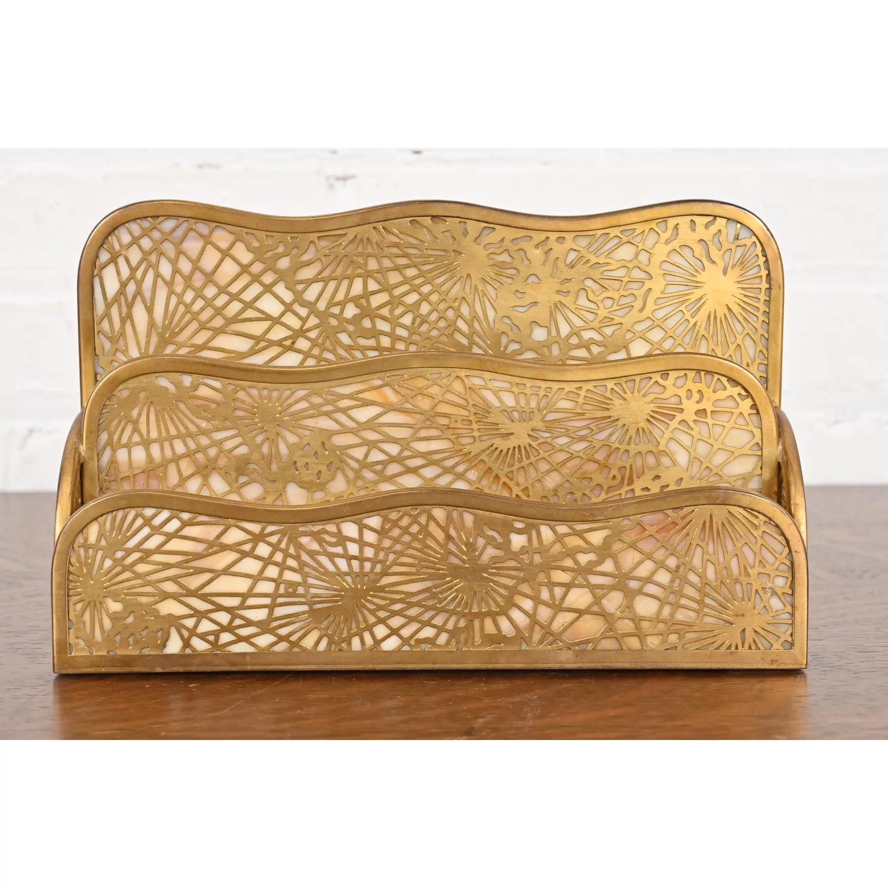 Tiffany Studios New York Pine Needle Bronze Doré and Favrile Slag Glass Desk Set For Sale 1
