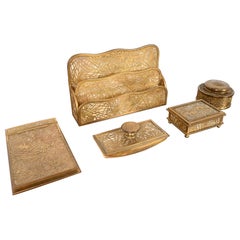 Tiffany Studios New York Pine Needle Bronze Doré and Favrile Slag Glass Desk Set
